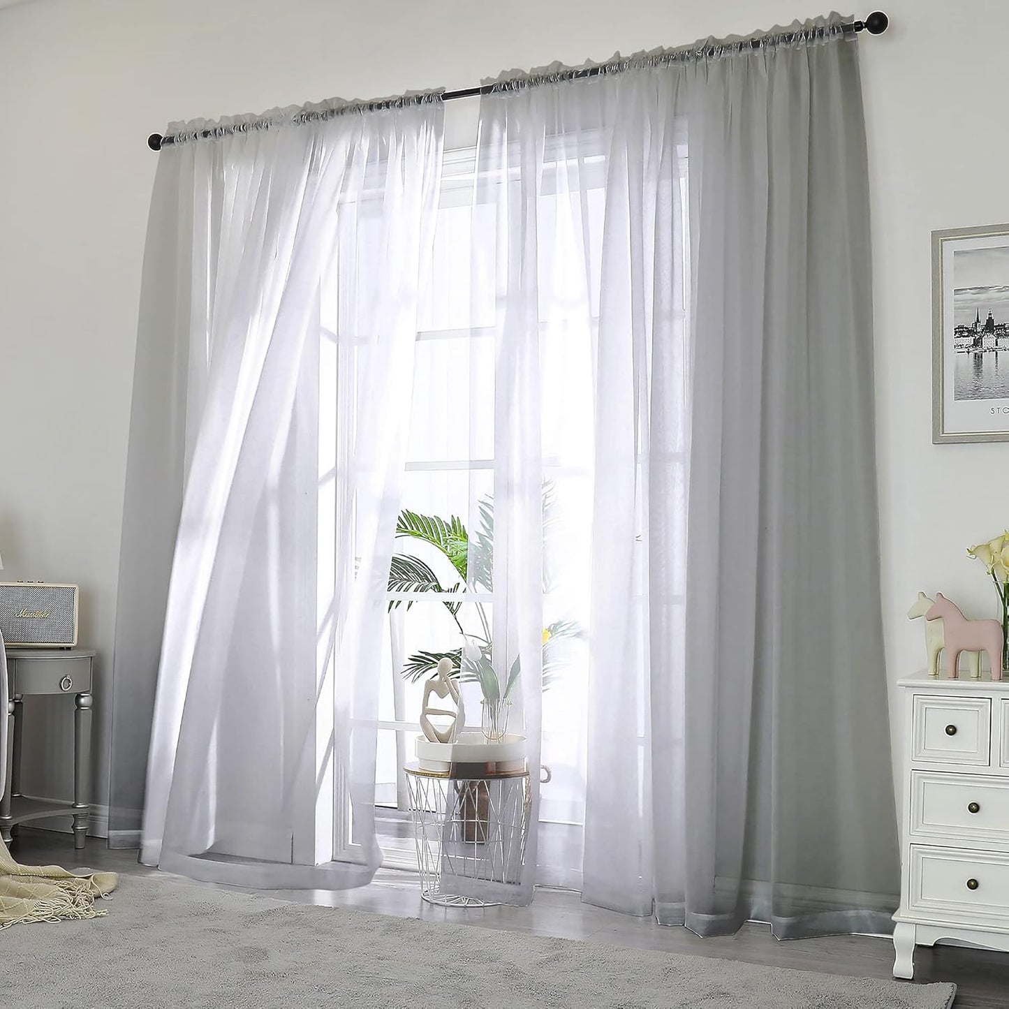 Chyhomenyc Extra Long Sheer Curtain Panels 96 Inches, 2 PCS, Voile Top Dual Rod Pockets Soft Touching Window Drapes Treatment for Children Room/Bedroom/Living Room/Hotel, 42W x 96L inch, Charcoal Grey