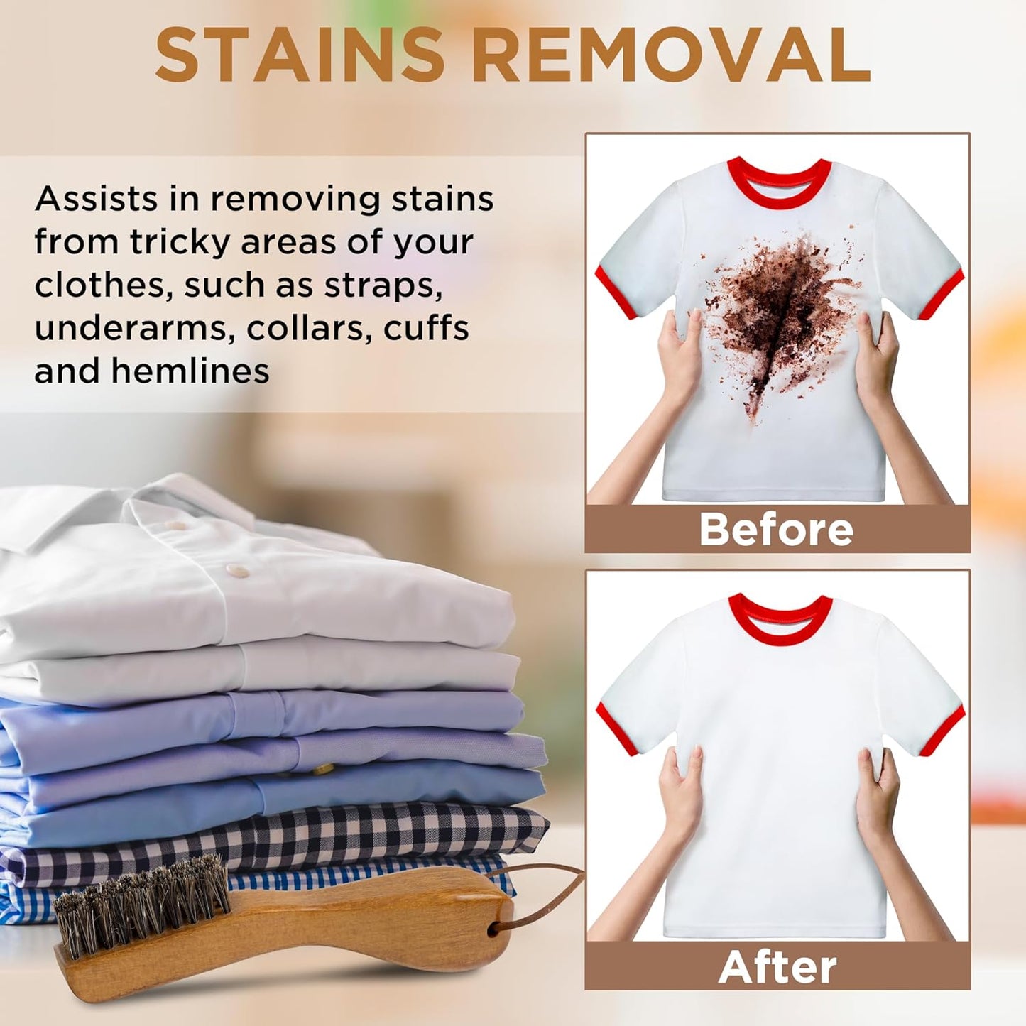 TAKAVU Laundry Stain Brush Set of 2 – Clothes Cleaning Brushes with Horsehair & Wooden Handle – Gentle Fabric Care Brush for Stain Removal, Shoes, Boots & Delicate Garments