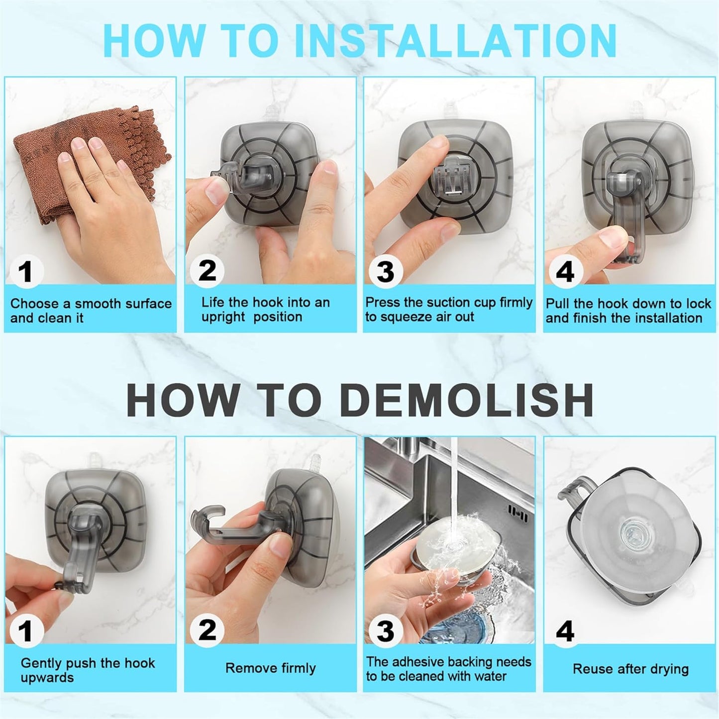 22 lb Heavy Duty Suction Cup Hooks 4 Pack - 360° Rotating Shower Hooks for Bathroom, Wall, Glass Door, Window Hanging Foldable Holder for Towel, Wreath, Cups (ABS+PC) No Drill Suction Hook Reusable