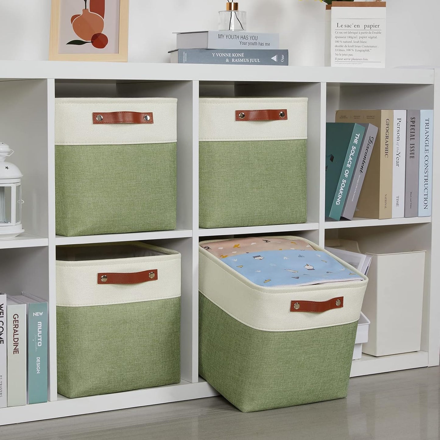 DULLEMELO Storage Basket, Linen Closet Organizers and Storage Baskets for Home Office, Suitable as Dog Toy Box, Baby Gift Basket, 4 Pieces 12x12 Decorative Cube Storage Bins(4 Pack - 12" White&Green)