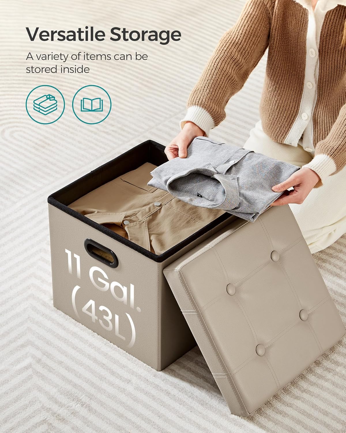 SONGMICS Mazie Collection - 15 Inches Ottoman with Storage, Footstool, Storage Ottoman with Metal Handles, Load 660 lb, for Dorm, Living Room, Bedroom, Synthetic Leather, Camel Brown ULSF030K03