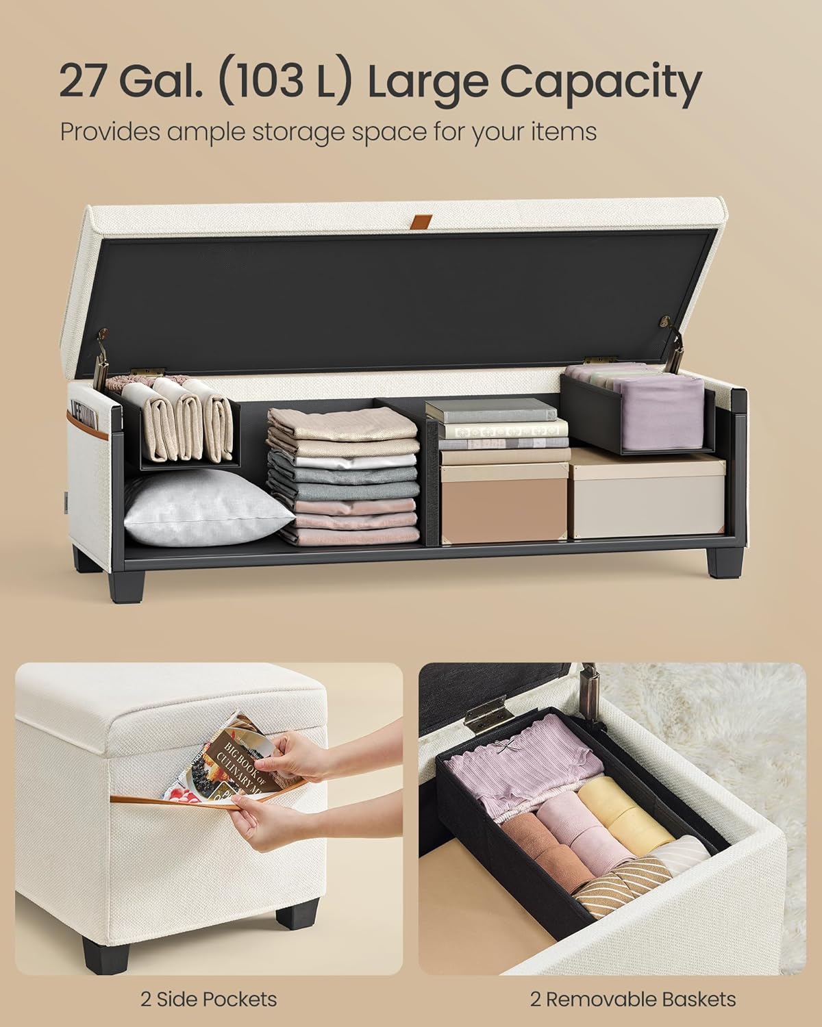 SONGMICS Storage Ottoman Bench, Storage Chest, 15.7 x 43.3 x 15.7 Inches, End of Bed Bench, 27 Gal. (103 L), for Bedroom, Entryway, Living Room, Cream White ULSF533W01