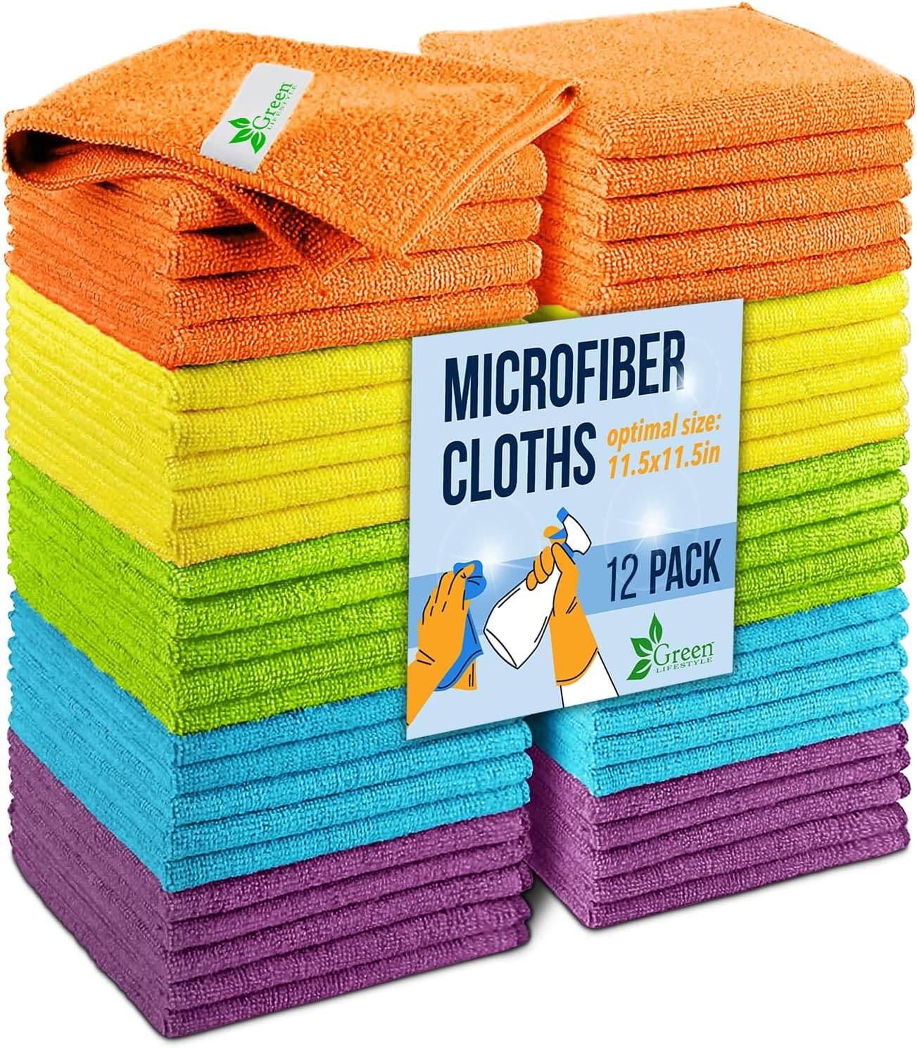 GREEN LIFESTYLE Chamois Cloth, Microfiber Cleaning Cloth 12 Pack, Borderless Towels Cleaning, Car Microfiber Towel, Drying Car Wash Towels (11.5" x 11.5", Multicolor)