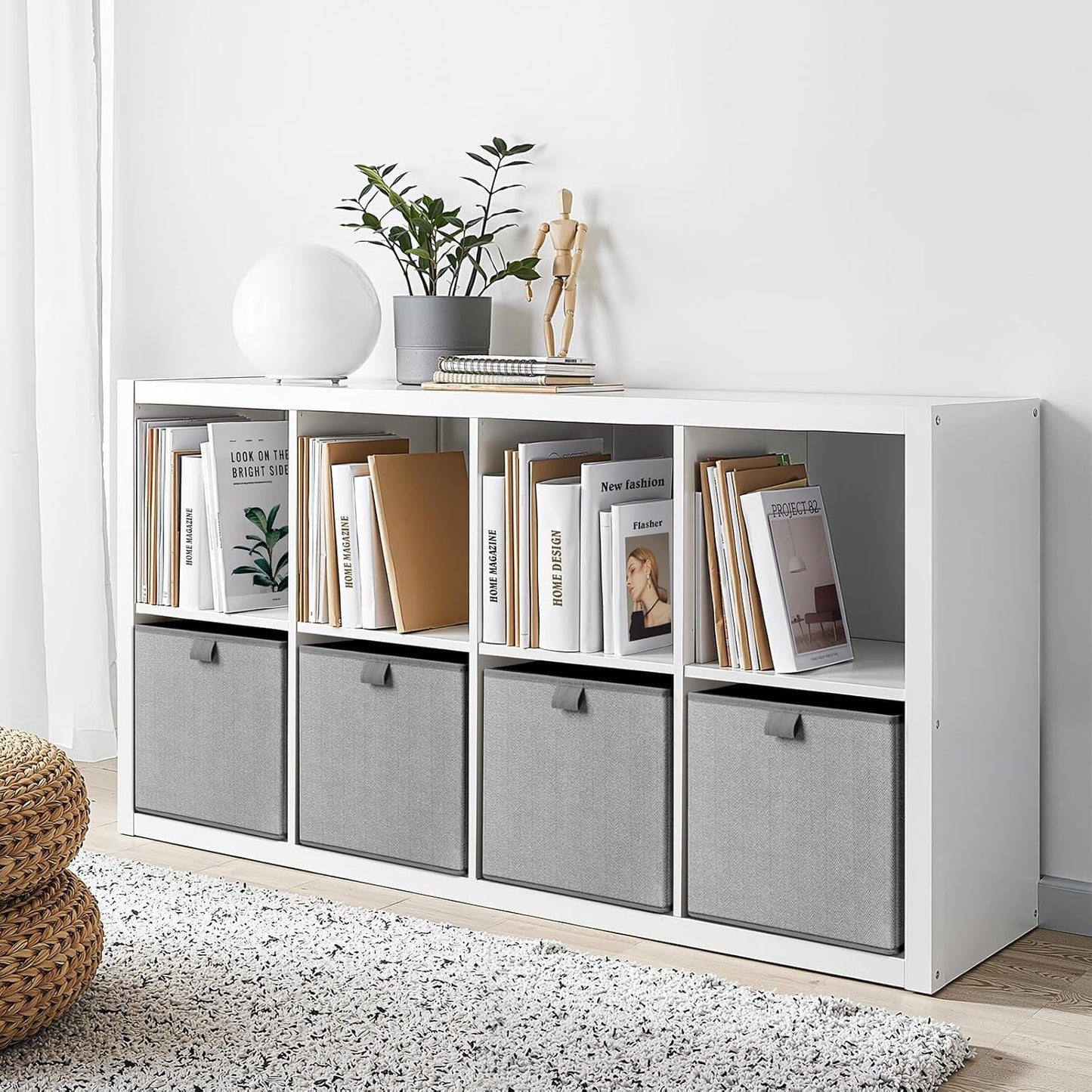 Storage Baskets, 11.8-Inch Woven Fabric Bins, Storage Cubes with Reinforced Handles, Organizer Bins for Closet Shelves, Foldable, for Toys, Clothes, Natural Beige (3PCS/Grey-11.8*11.8*11.8inch)