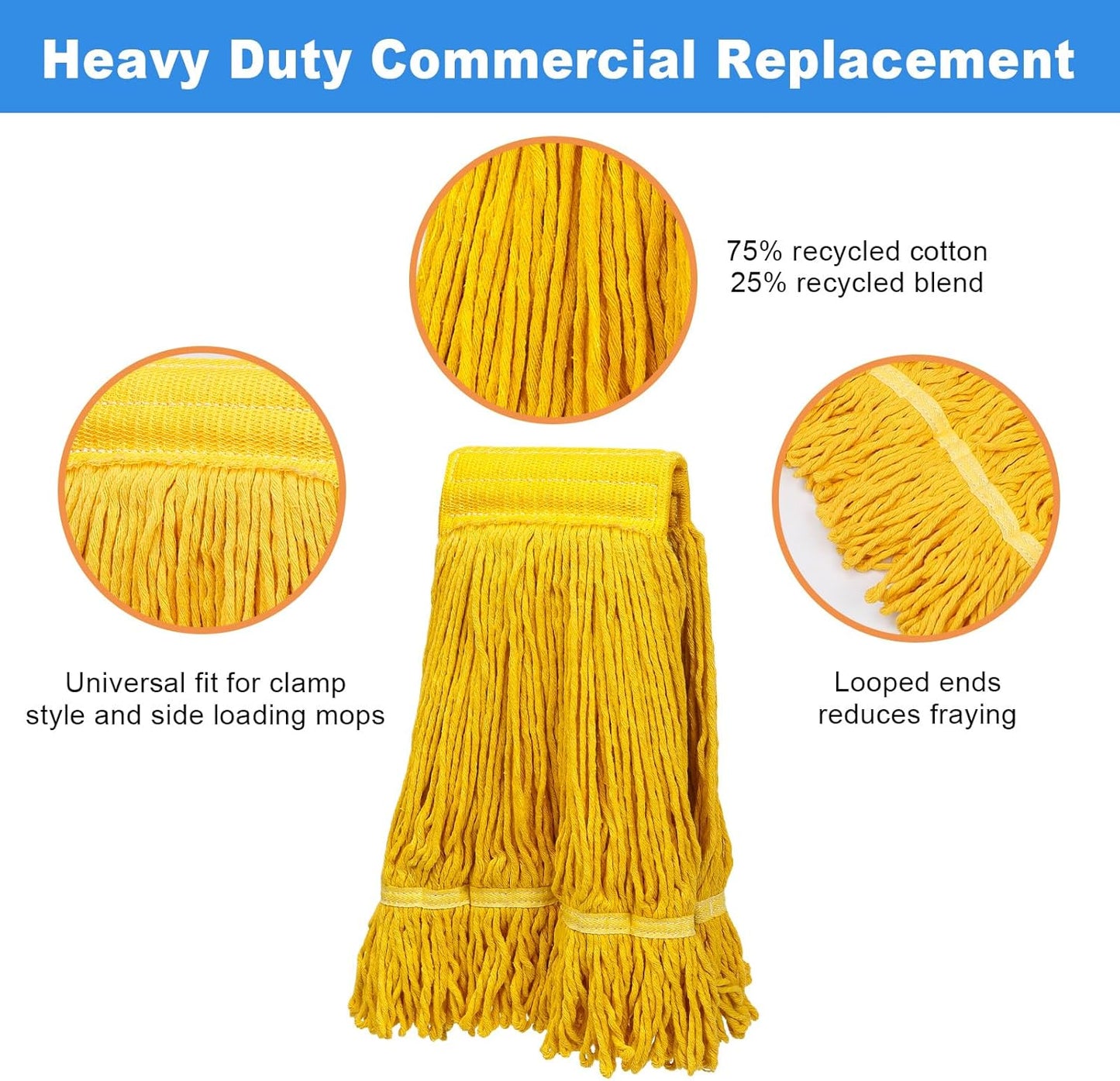 Pack of 2 Heavy Duty Commercial Mop Head Replacement, General Cleaning Mop Heavy Duty Commercial Replacement Wet Industrial Blue Cotton Looped End String Head Refill,Super Absorption and Durability