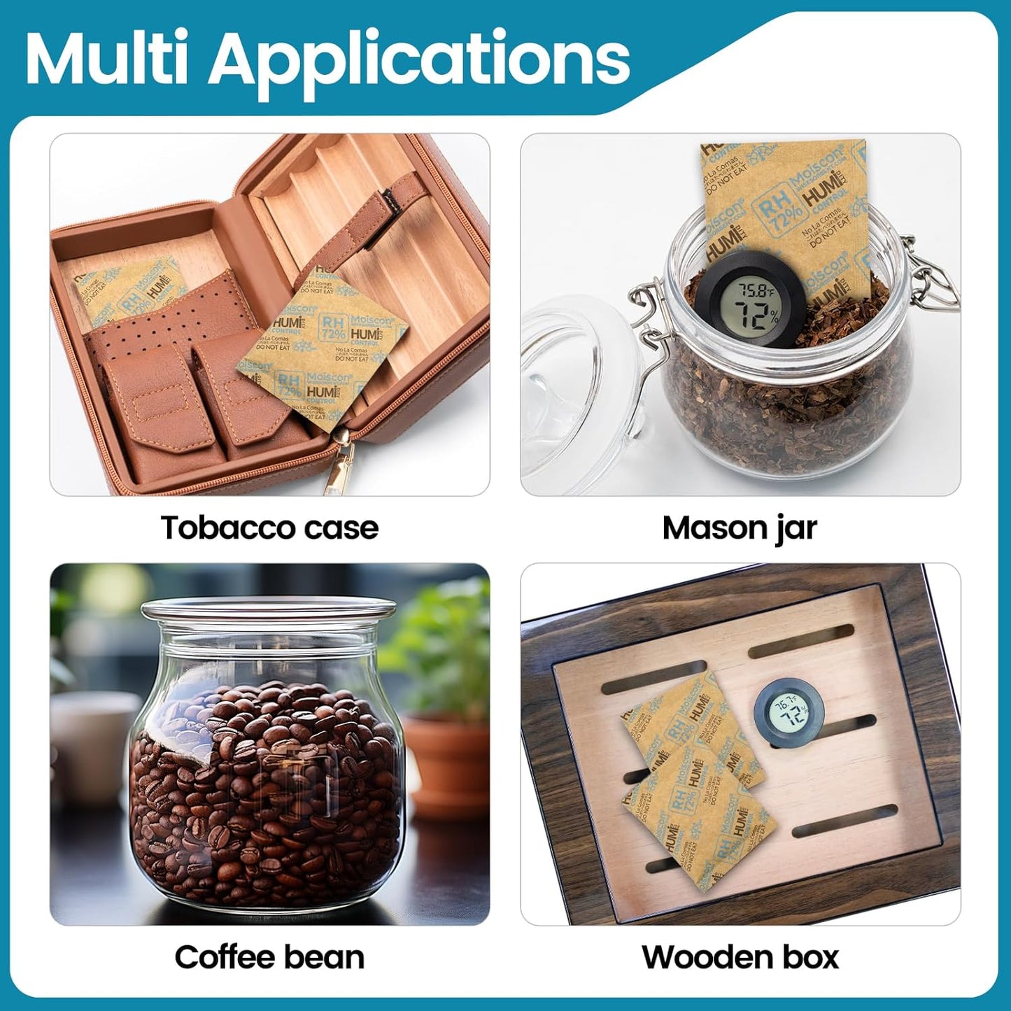 72% Two-Way Humidity Control Packs- 8 Gram Moisture Absorbers for Herbs, Wood Humidifier Boxes - Natural Craft Paper Design, Individually Sealed Packets, Prevents Leaks [60 Pack]