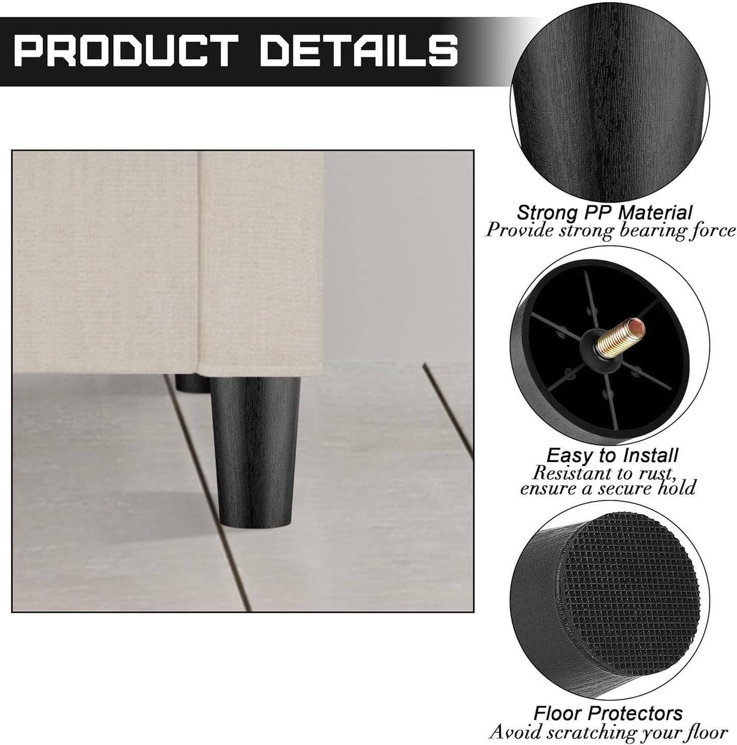 TURSTIN 16 Pack 4 Inch Plastic Furniture Legs with M8 T-Nuts Screws Tapered Sofa Couch and Chair Legs Replacement Furniture Legs for DIY Projects Sofas Coffee Tables Dressers Beds