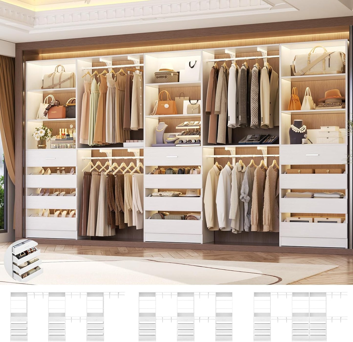 Aheaplus Closet System Set of 3, 138.5" Wood Closet Organizer System Tower with 12 Drawers & 4 Hanging Rods, 6.7+4.85Ft L Shaped Walk-in Closets Wardrobe Organizer Garment Rack with Shelves, White
