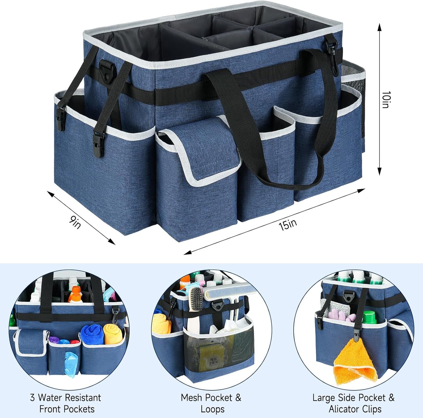 Cleaning Caddy Bag,Large Cleaning Supplies Organizer with Handle for Housekeepers, Blue