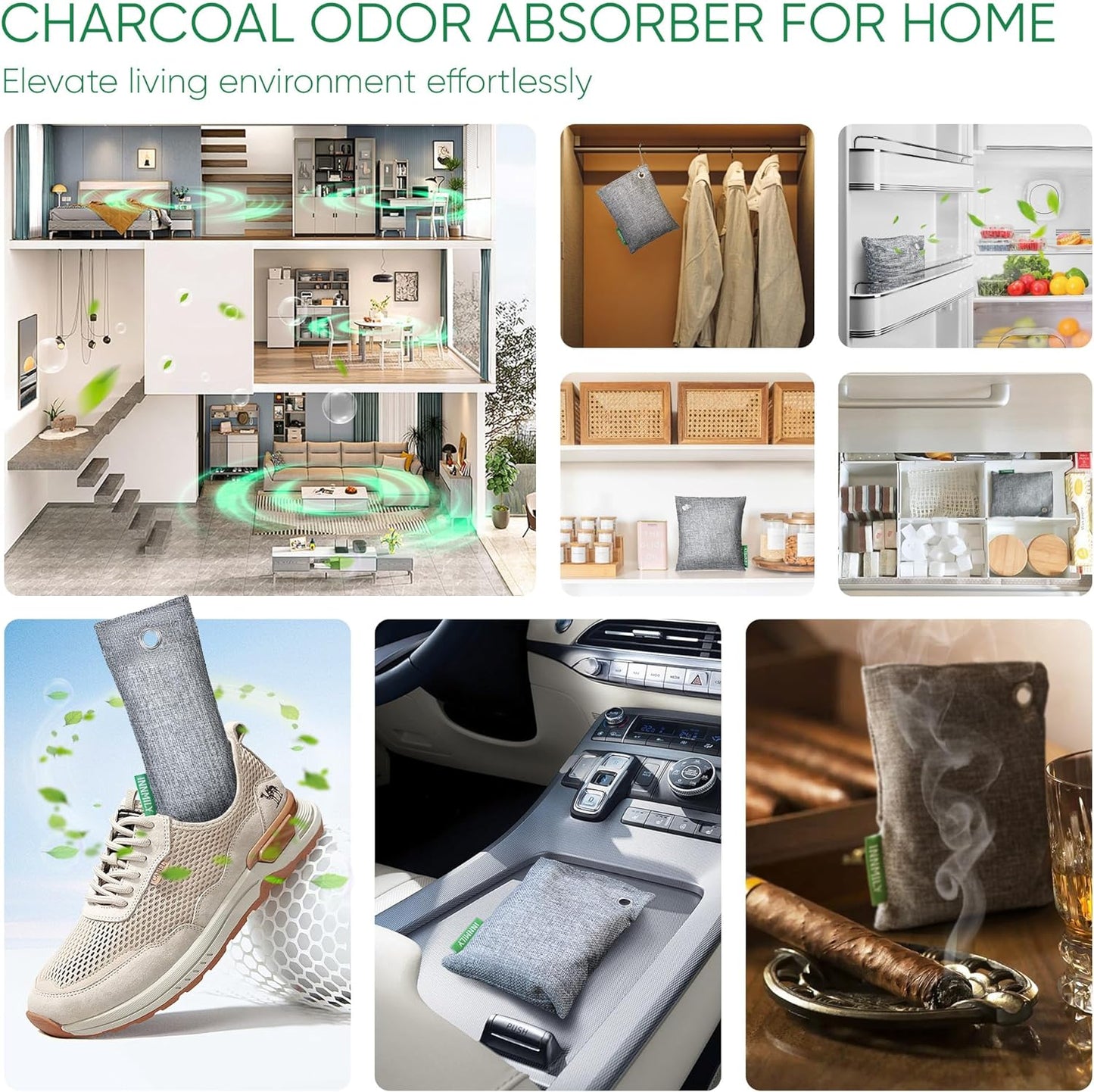 Activated Charcoal Odor Absorber,Large 12 Pack w Hooks Nature Odor Eliminator for Strong Odor, Bamboo Charcoal Air Purifying Bags,Moisture Absorbers for Fresh Home Car Closet Pet,Smoke Room Deodorizer