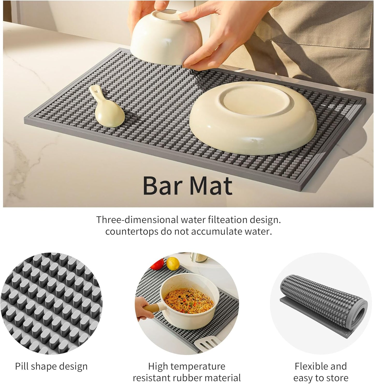 dish drying mat - 18" x 12" Grey silicone drying mat , kitchen counter dish drying mats,rubber dish drying mat, Applies to bar mat、coffee mat