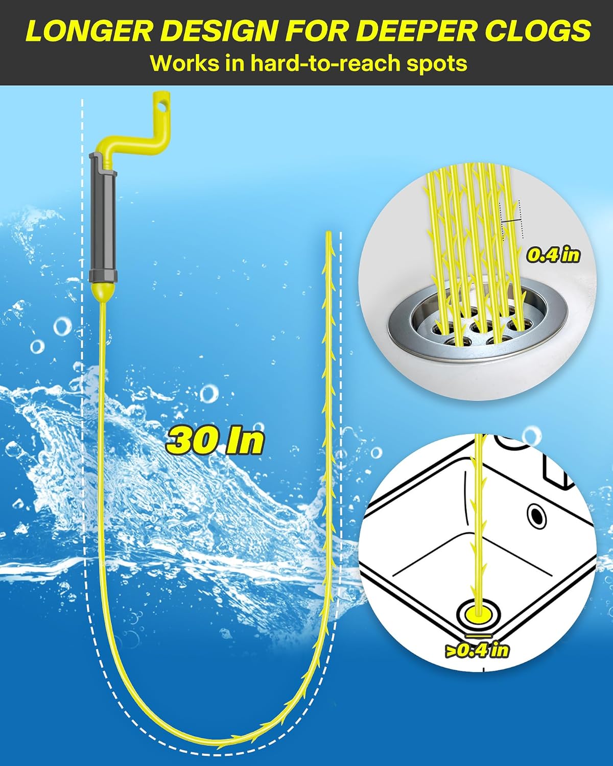 Drain Clog Remover Tool, 30 Inch Sink Snake Hair Clog Remover with Rotating Handle and 7 Wand Spares, Anti-Break Nylon Drain Hair Remover Plumbing Snake, Unclog Drain Quickly and Easily-7 Pack