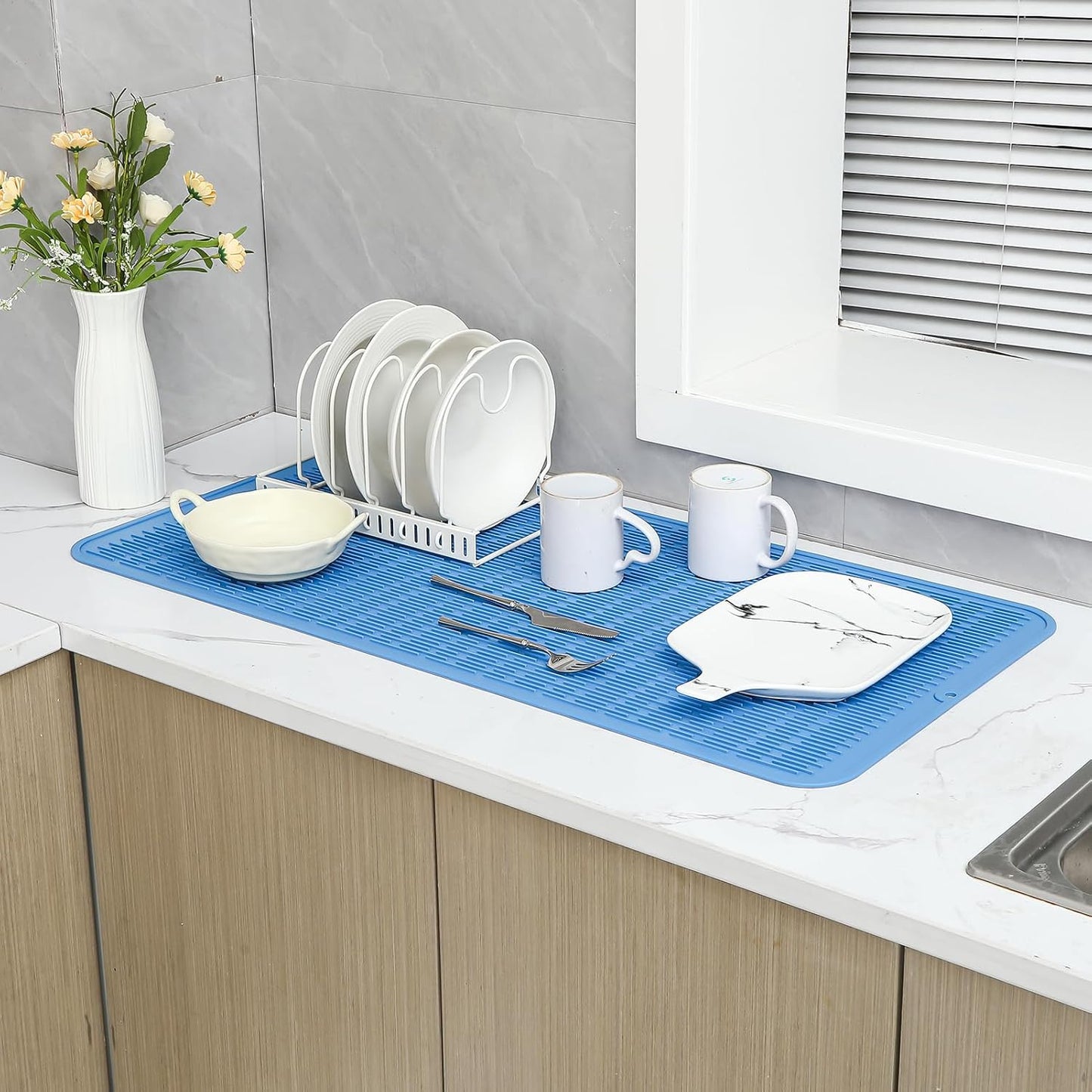 Silicone Dish Drying Mat for Multiple Usage,Easy clean,Eco-friendly,Heat-resistant Silicone Mat for Kitchen Counter or Sink,Refrigerator or Drawer Liner Lichen BlueL 5XL 36inches x 18inches