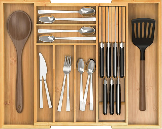 Bamboo Kitchen Drawer Organizer, Expandable Utensil Organizer with Removable Knife Block, Cutlery Tray Holder with Divider, Adjustable Silverware Organizer, Wood Tableware Dividers Storage