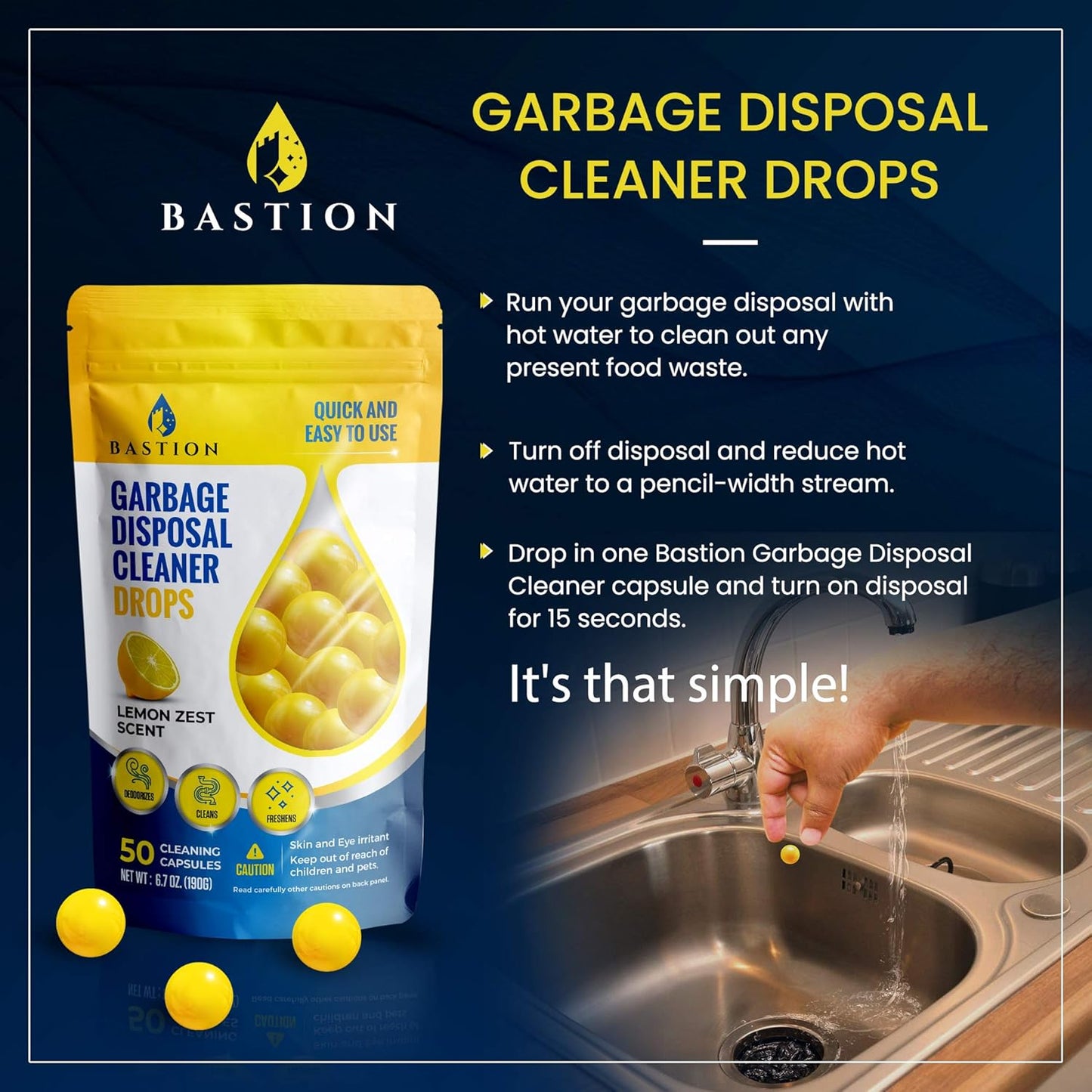 Bastion Garbage Disposal Cleaner and Deodorizer Drops- [[50-Count]] Lemon Zest Scented Kitchen Sink Freshener Pods & Drain Odor Eliminator Disposer Care Balls