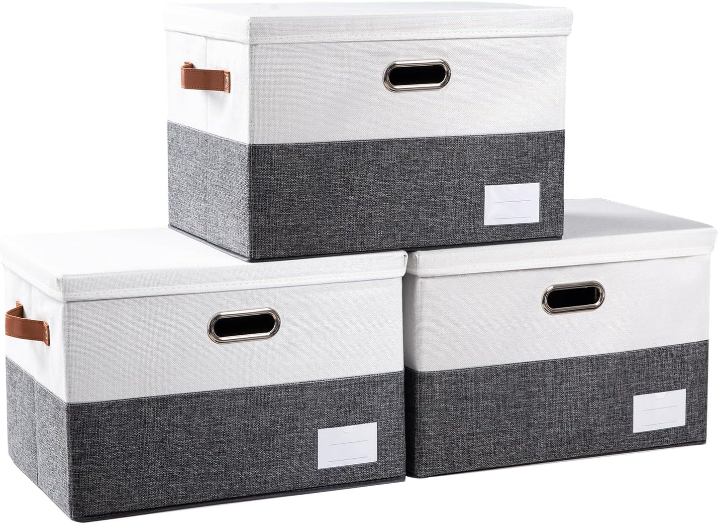 PRANDOM Foldable Storage Bins with Lids [3-Pack] Fabric Collapsible Storage Boxes Baskets Cubes Containers with Handles for Closet Living Room Bedroom (Grey & White 17.7x11.8x11.8'')