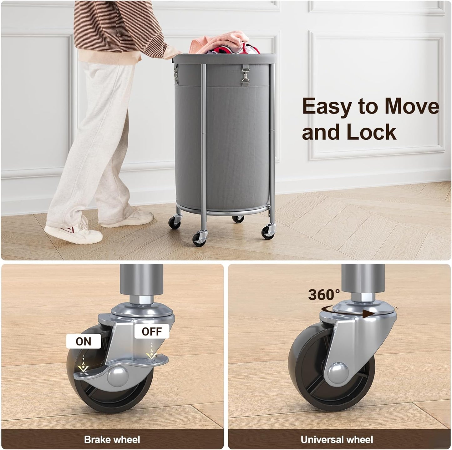 ELYKEN Laundry Hamper with Wheels, 110L Rolling Laundry Basket, Round Laundry Cart with Steel Frame and Removable Bag, 4 Casters and 2 Brakes, Dirty Clothes Hamper for Hotel, Home, Closet, Dorm, Gray