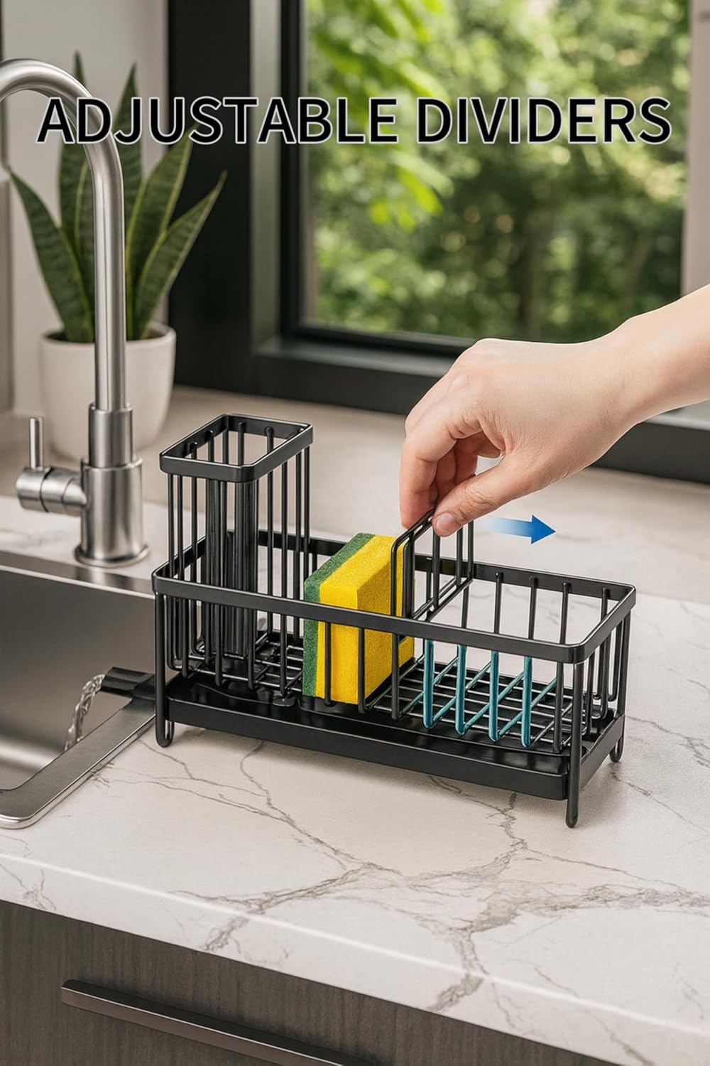 BSHG King Black Sponge Holder for Kitchen Sink, Sink Caddy Organizer with High Brush Holder, Kitchen Countertop Organizers and Storage Essentials,rustproof Stainless Steel(1Sink Caddy + 2 Sponges)