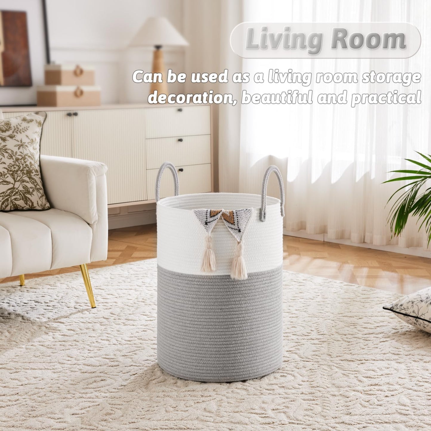 Laundry Basket,Woven Cotton Rope Laundry Hamper,80L for Decorative Storage of Dirty Clothes,Toys and Blankets in Bathroom,Baby Room and Living Room
