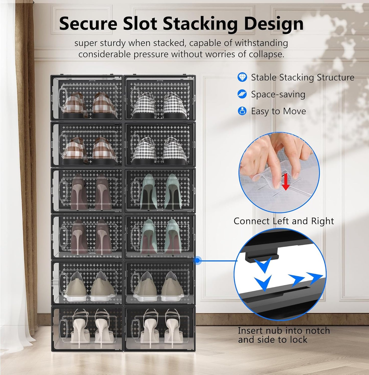 12 Pack X-Large Modular Clear Plastic Stackable Shoe Storage Organizer for Closet, Space Saving Versatile Sneaker Shoe Rack Containers Bins Holders, Portable Closet Organizers and Storage, Black02