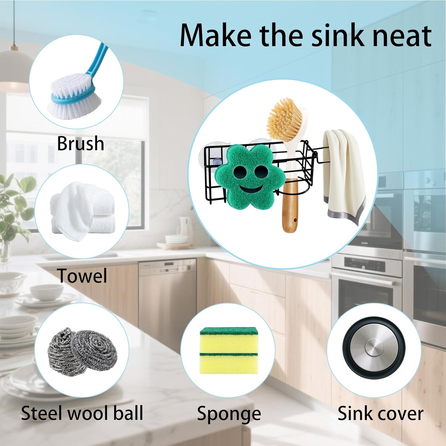 Sponge Holder Smile Face with Dish Cloth Hanger for Kitchen Sink, in-Sink Caddy Organizer with Suction Cups & Adhesive Strips, Rustproof Sponge Rack for Soap, Brush, Scrubber - Black（2 Pack）