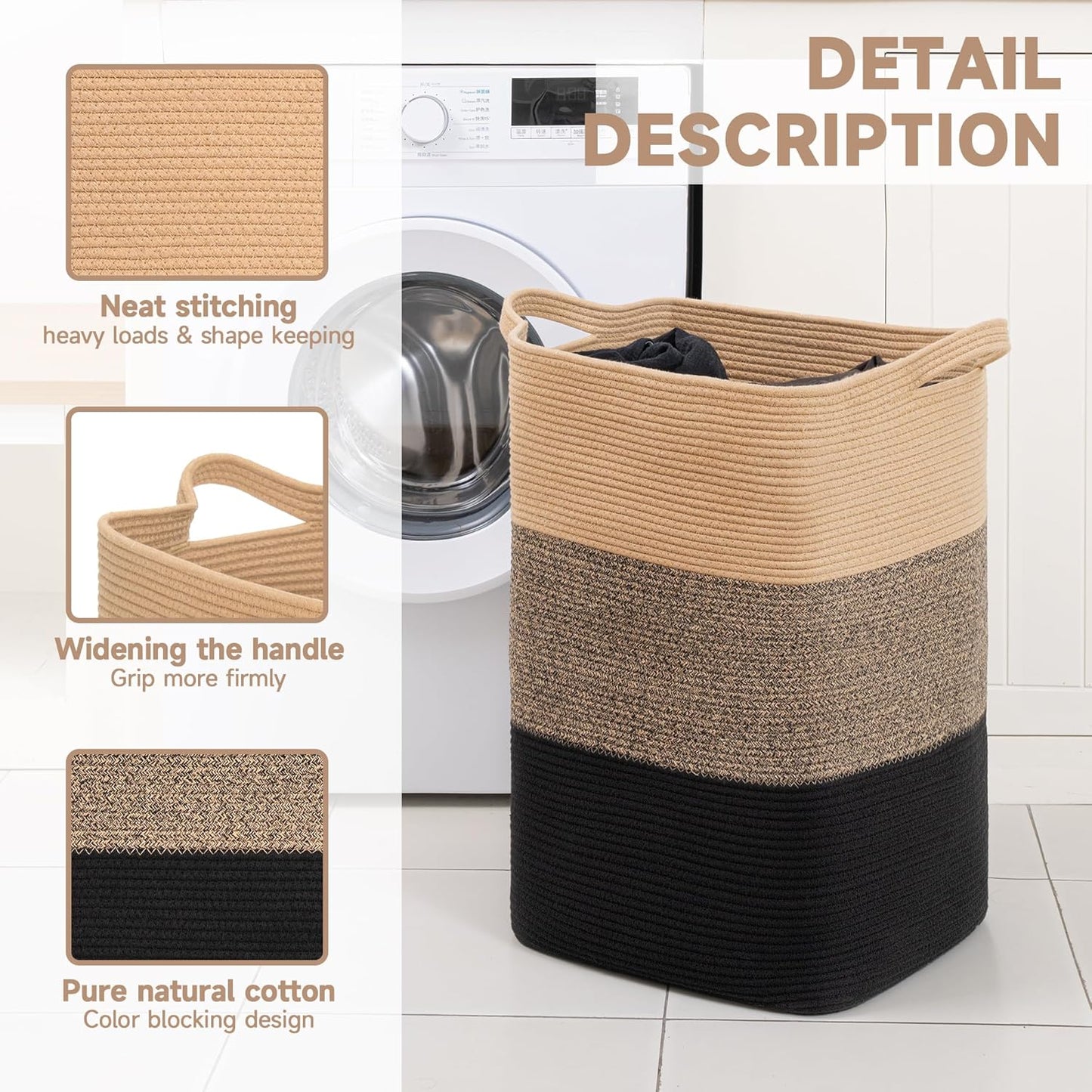 CLHMILY&Z 95L Laundry Basket Rectangular Black Jute Rope - 16x15x24 Inches - Dirty Clothes and Soft Storage Bin for Blankets, Toys, and Nursery Essentials