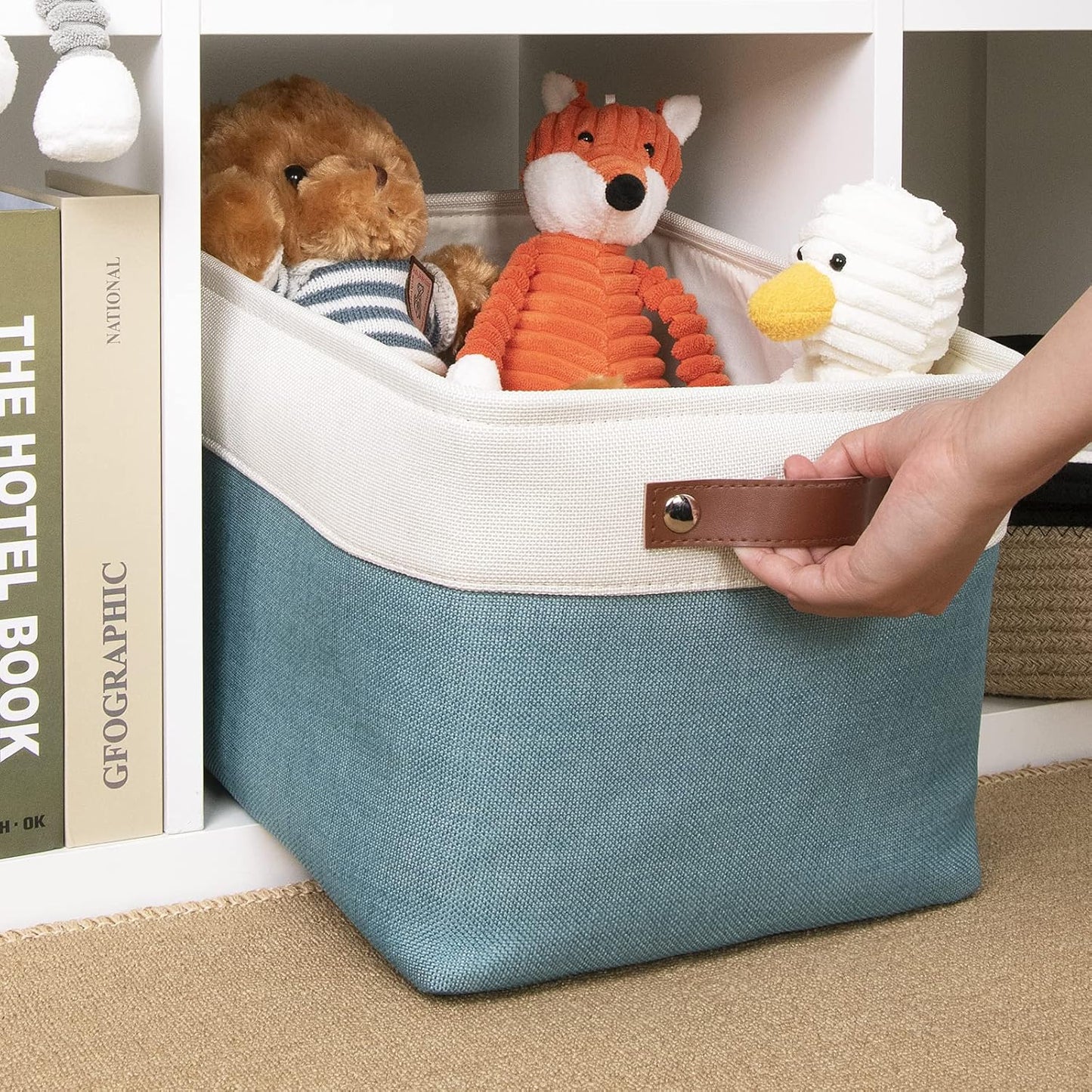 DULLEMELO Fabric Storage Basket for Shelves/Closets, Collapsible Rectangle Basket for Organizing Clothes, Toys, Towels, Books, Laundry, Nursery, Dog Toy Basket Empty (White&Teal)