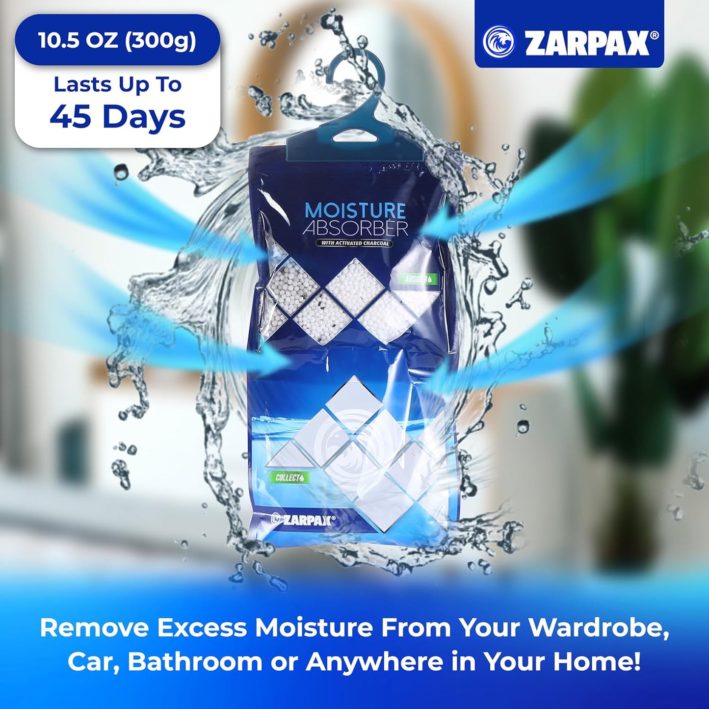 Hanging Moisture Absorber Activated Charcoal 10.6 oz/300g | Moisture Absorbing Bags for Bathroom, Closet & Kitchen | Removes Moisture, Humidity & Odors | Portable Dehumidifier | Set Of 20