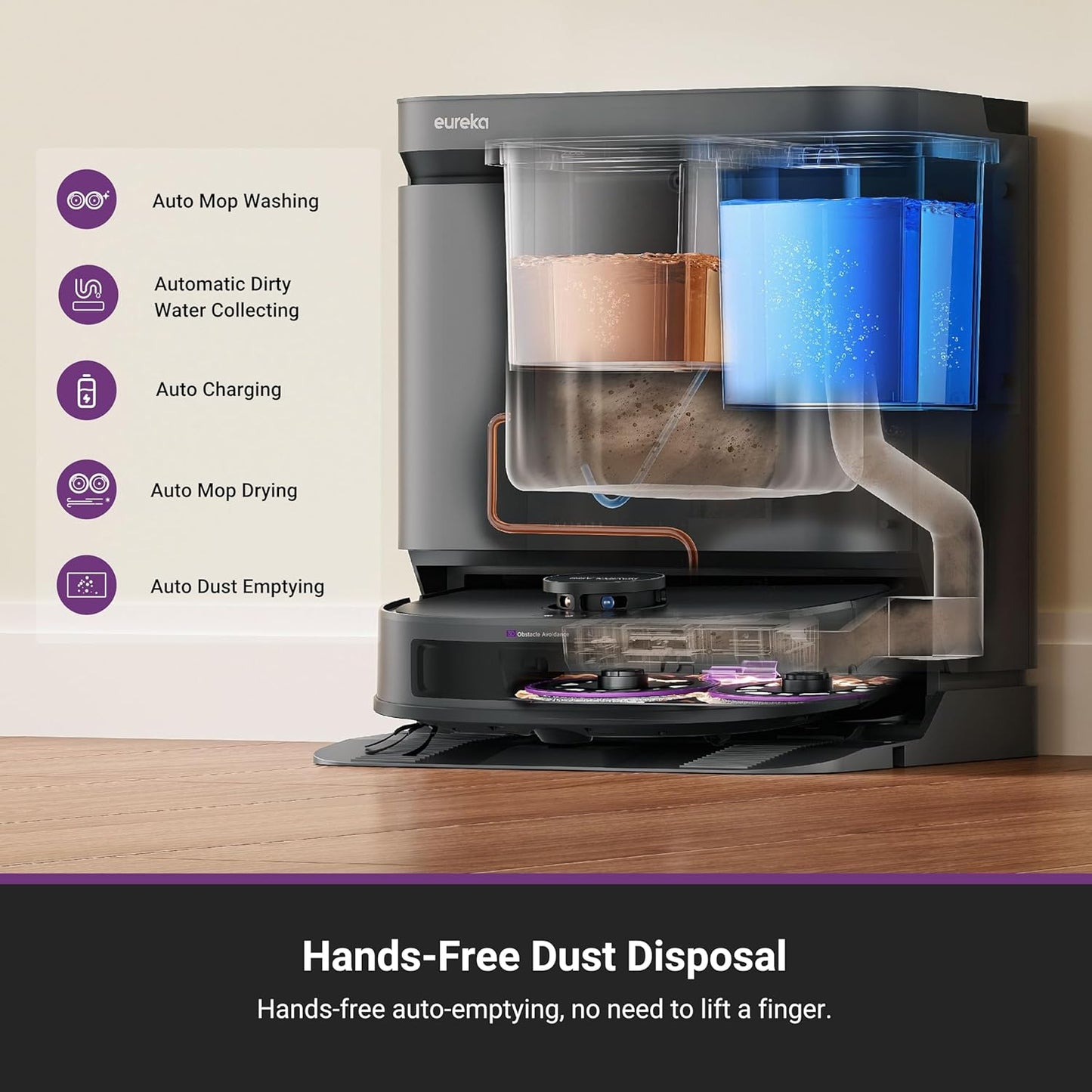 Eureka J15 Evo Ultra Self-Emptying Robot Vacuum Combo, 22,000 Pa Suction Auto Mop Lifting 131°F Hot Air Dry Scrub Extend Robotic Vacuum Cleaner