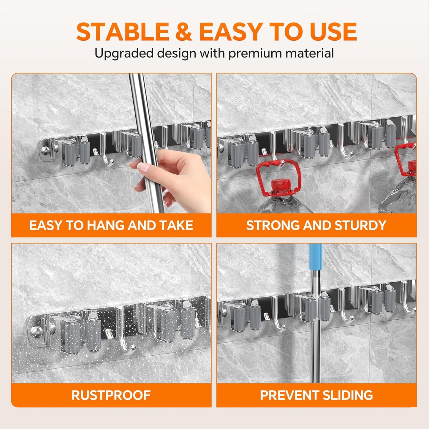 5 Grippers Broom Holder Wall Mount with 4 Hooks Stainless Steel Mop and Broom Organizer Self Adhesive or Screw Fixing for Garden Tool Rack Closet Laundry Room Kitchen Garage Storage Utility Hook