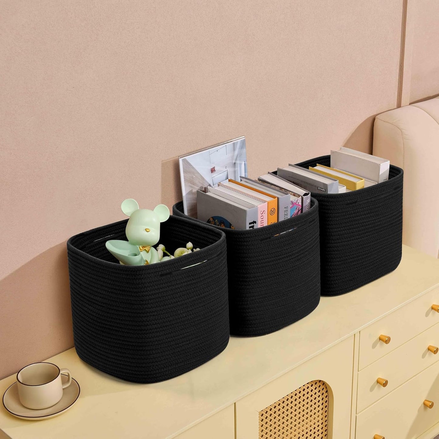 3 Pack Storage Cubes 11 Inch Cotton Rope Woven Baskets for Organizing Cube Bin Square Shelves Organizer,Classroom,Kids Toy Bins,Closet,Baby Nursery(Black)