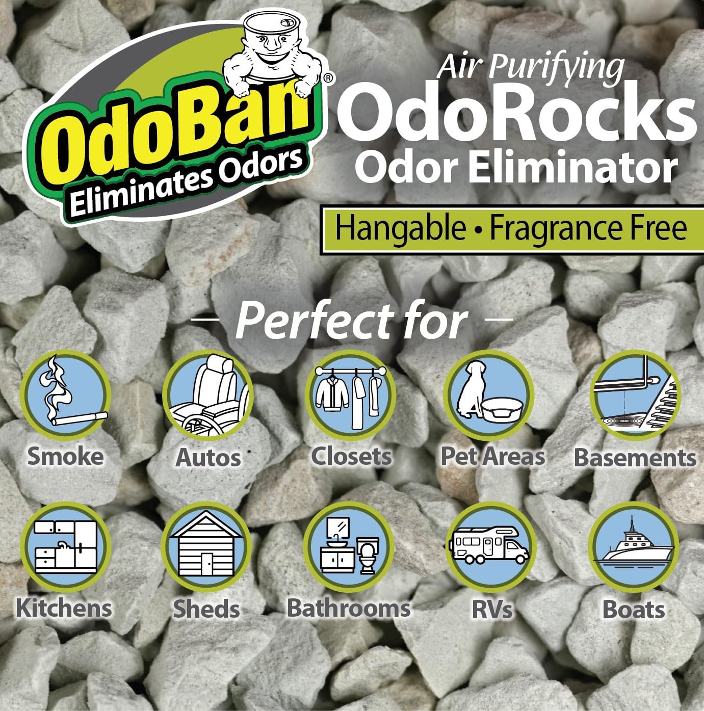 OdoBan Air Purifying OdoRocks Natural Odor Eliminator Made from Natural Volcanic Rocks, Made in the USA, Fragrance Free, 6-Pack, 2 Pounds Each