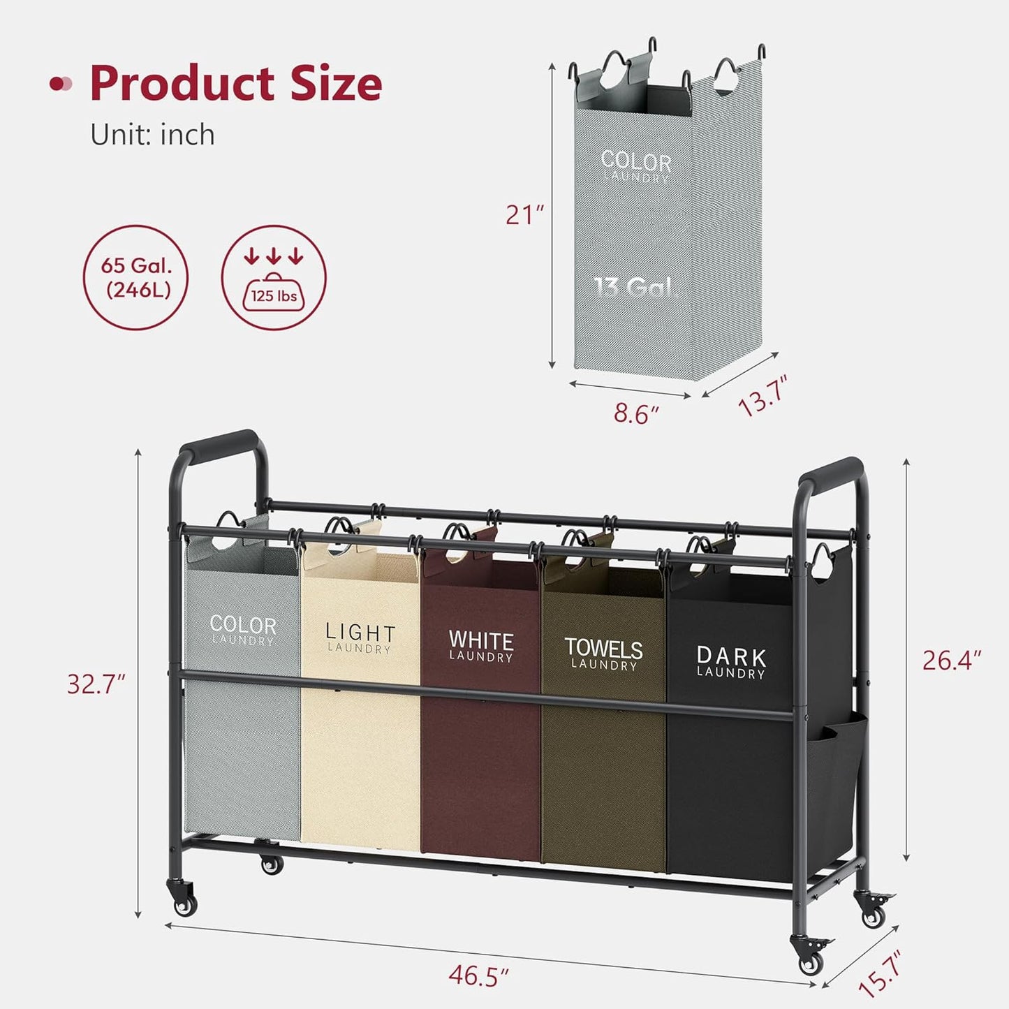 Tajsoon 5 Bag Laundry Sorter Cart, Laundry Hamper Sorter Basket with Heavy Duty Lockable Rolling Wheels for Clothes Storage, 5 Colors