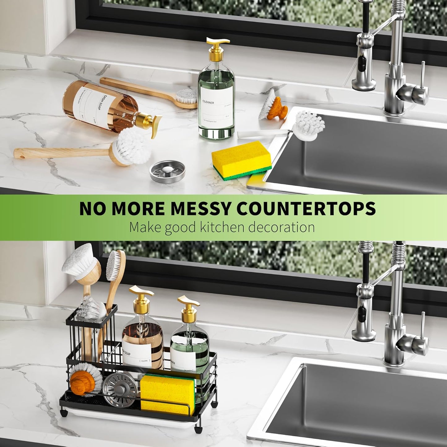 Cisily Large Capacity Kitchen Sink Caddy Organizer, Rustproof Non-Slip Sponge Holder With Dish Brush Holder Organizer, Kitchen Organization and Storage, Essentials Accessories for Countertop