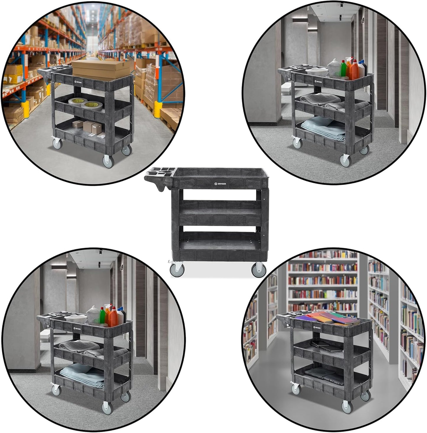 Dryser Utility Cart with Wheels, 40" x 17" Heavy Duty 550 lb. Capacity with Shelves - 3 Tier Rolling Cart with Two 5" Swivel Casters for Warehouse, Garage, Cleaning