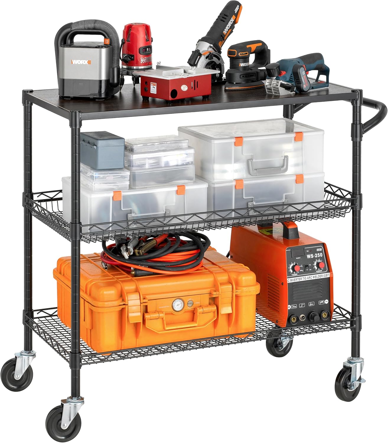 Finnhomy 3 Tier Heavy Duty Commercial Grade Utility Cart with Wood Top, Wire Rolling Cart with Wheels and Handle Bar, Kitchen Carts on Wheels, 18x36x35.4 H Metal Cart with 600 LBS Capacity, Black