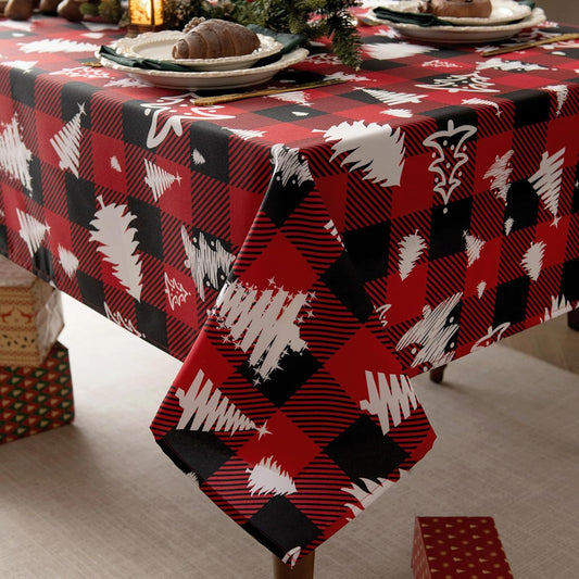 Waterproof Christmas Tree Tablecloth Fabric - Red Oblong 52x70 Inch Classic Buffalo Tartan Festive Table Cloth for Indoor Use - New Year Tabletop Cover for Dinner, BBQs, and Parties