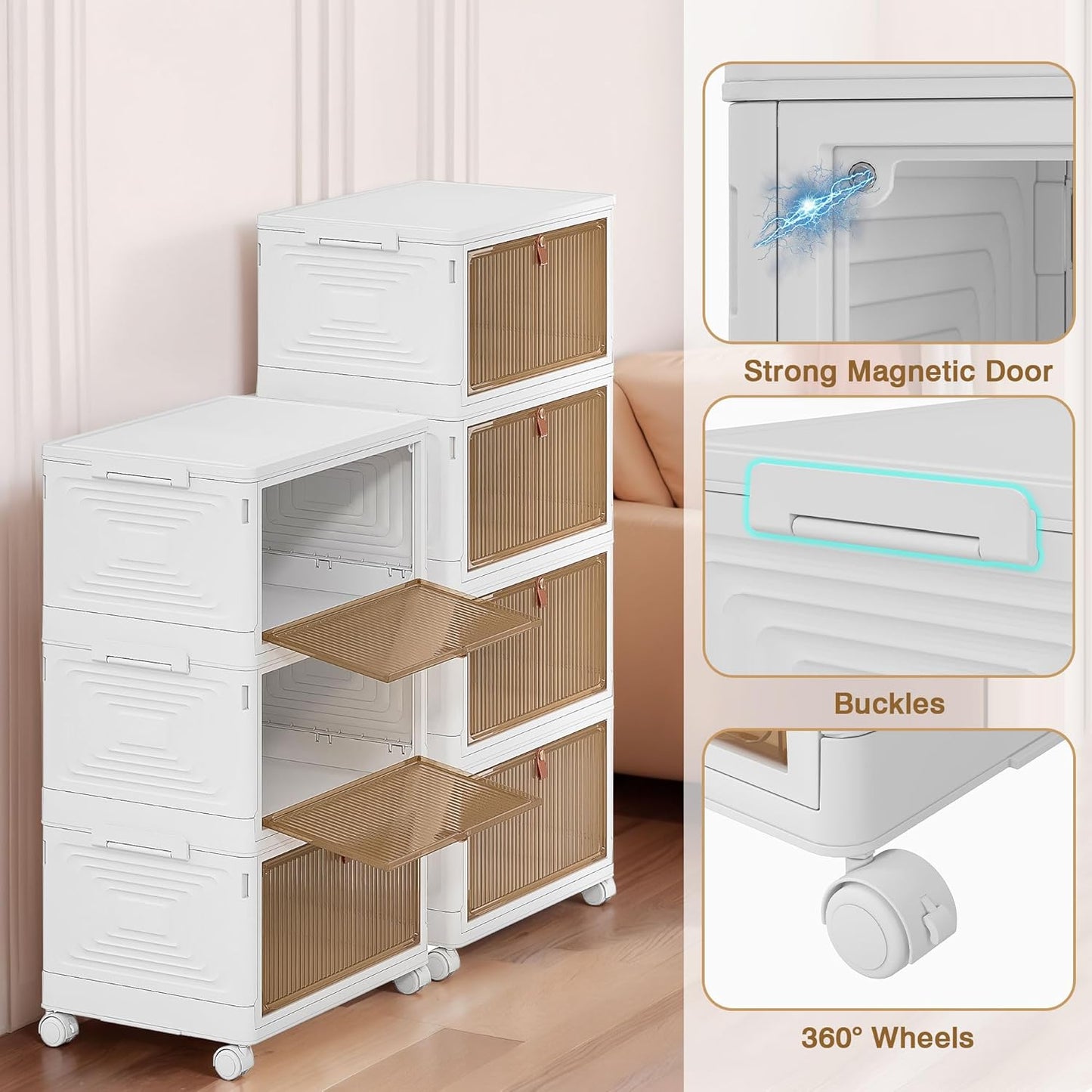 VECELO 3 Tier Storage Bins with Lid, Stackable Storage Boxes with Magnetic Doors & Wheels, Foldable Storage Containers, 23 QT Closet Organizers and Storage for Living Room, Office, Dorm