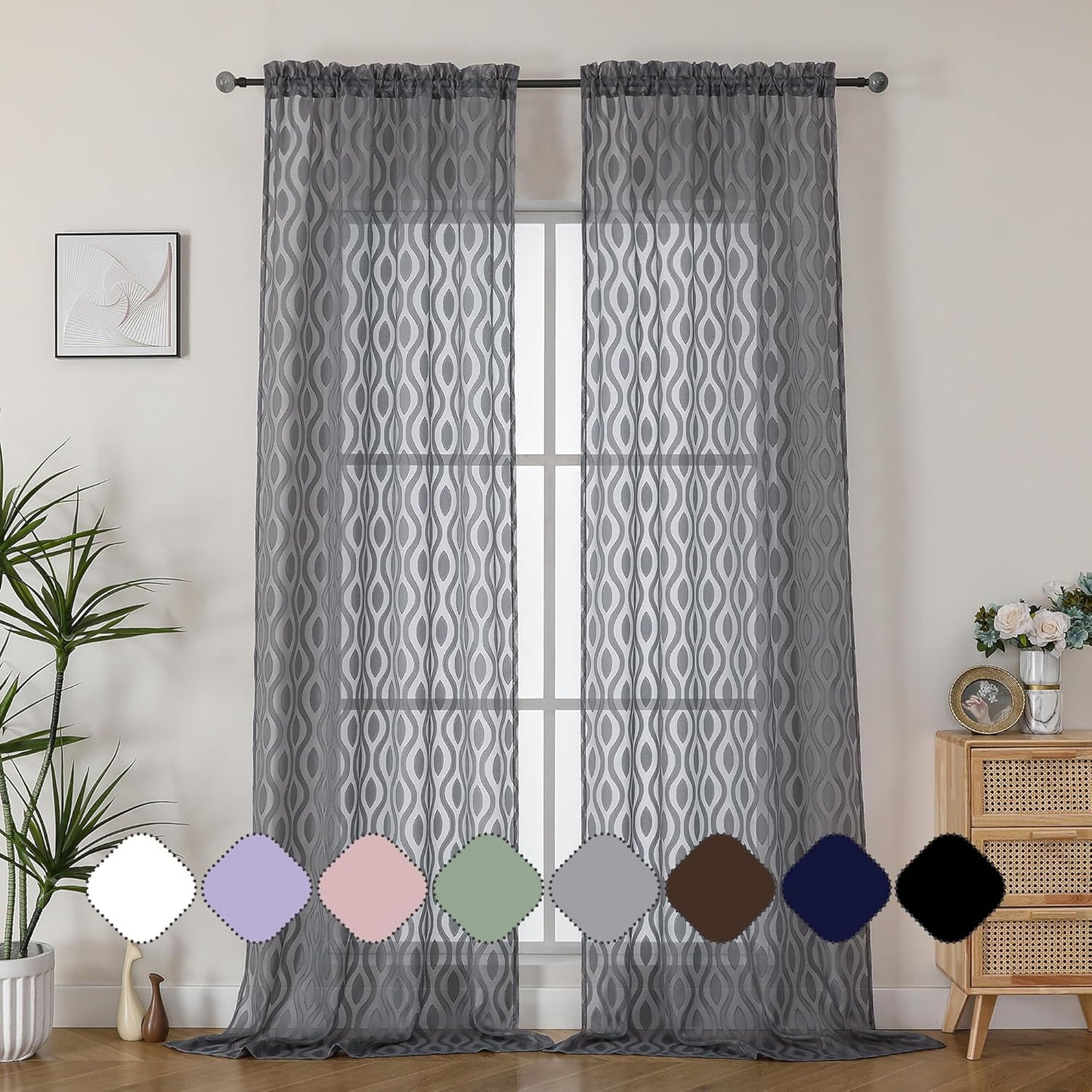 Aiyufeng Extra Long Grey Sheer Curtains 96 Inches Long for Bedroom 2 Panels Set, Farmhouse Wavy Line Light Filtering Clip Jacquard Solid Voile Living Room Curtains, Dual Rod Pocket, 40" Wx96 L Inches