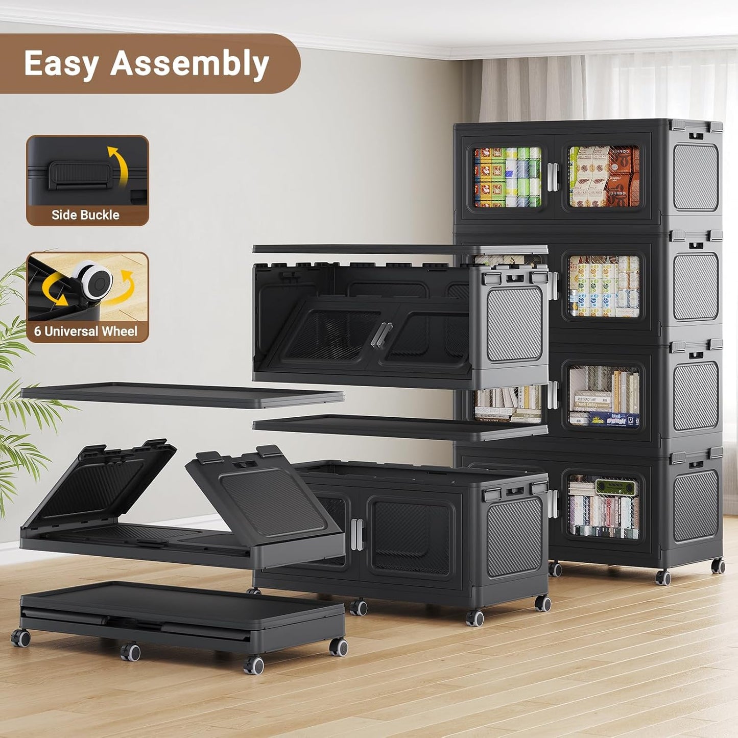 BROVIEW 220 Qt Stackable Storage Bin with Lids, 55Gal Extra Large Collapsible Storage Boxes, Folding Plastic Drawer, Heavy-Duty Store Cabinet, Closet Organizer for Home Kitchen, 1 Pack Black