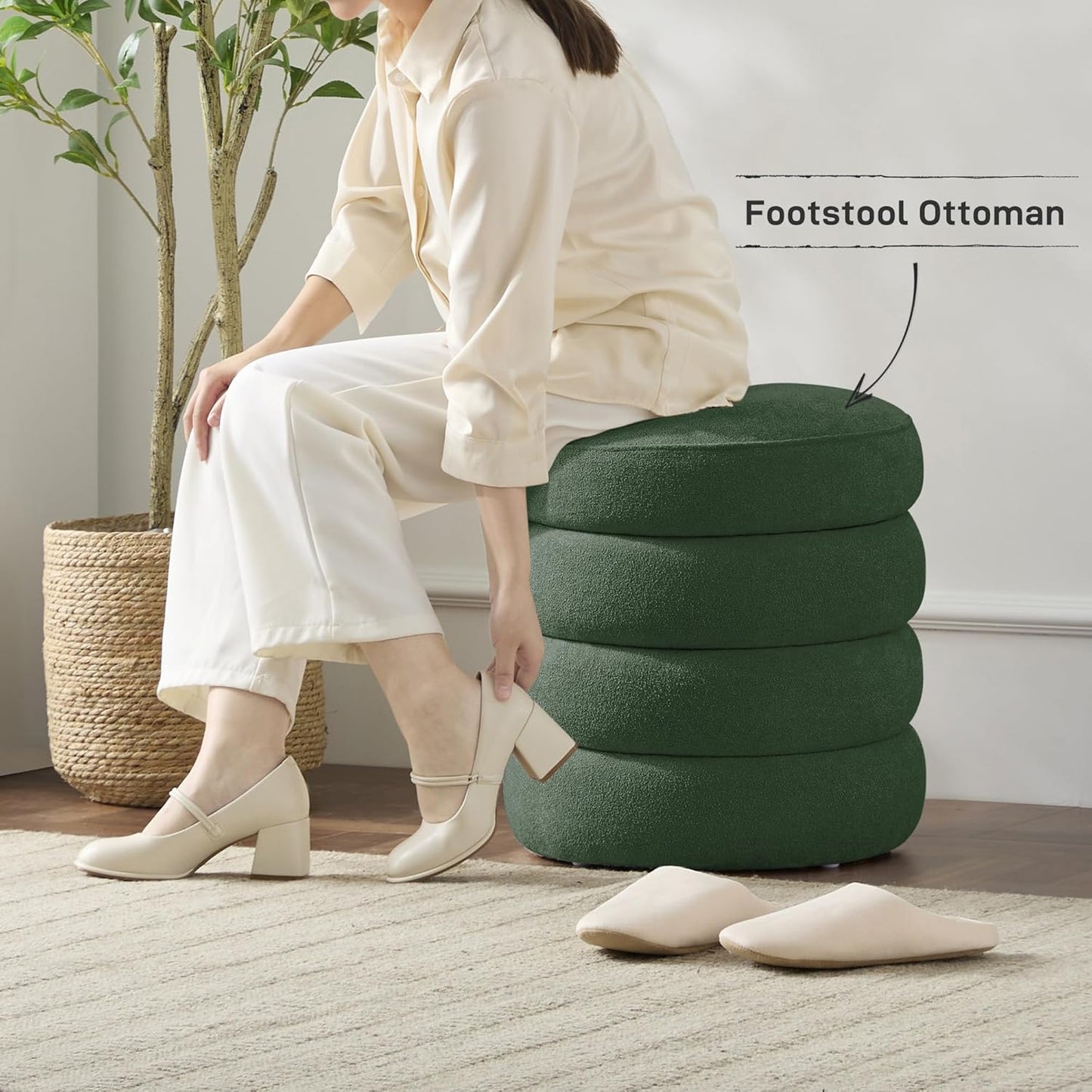 Round Ottoman with Storage Boucle Ottoman Stool Removable Lid for Living Room Modern Upholstered Vanity Storage Stool Foot Rest Bedroom Dorm Gifts Set of 2 (Green)