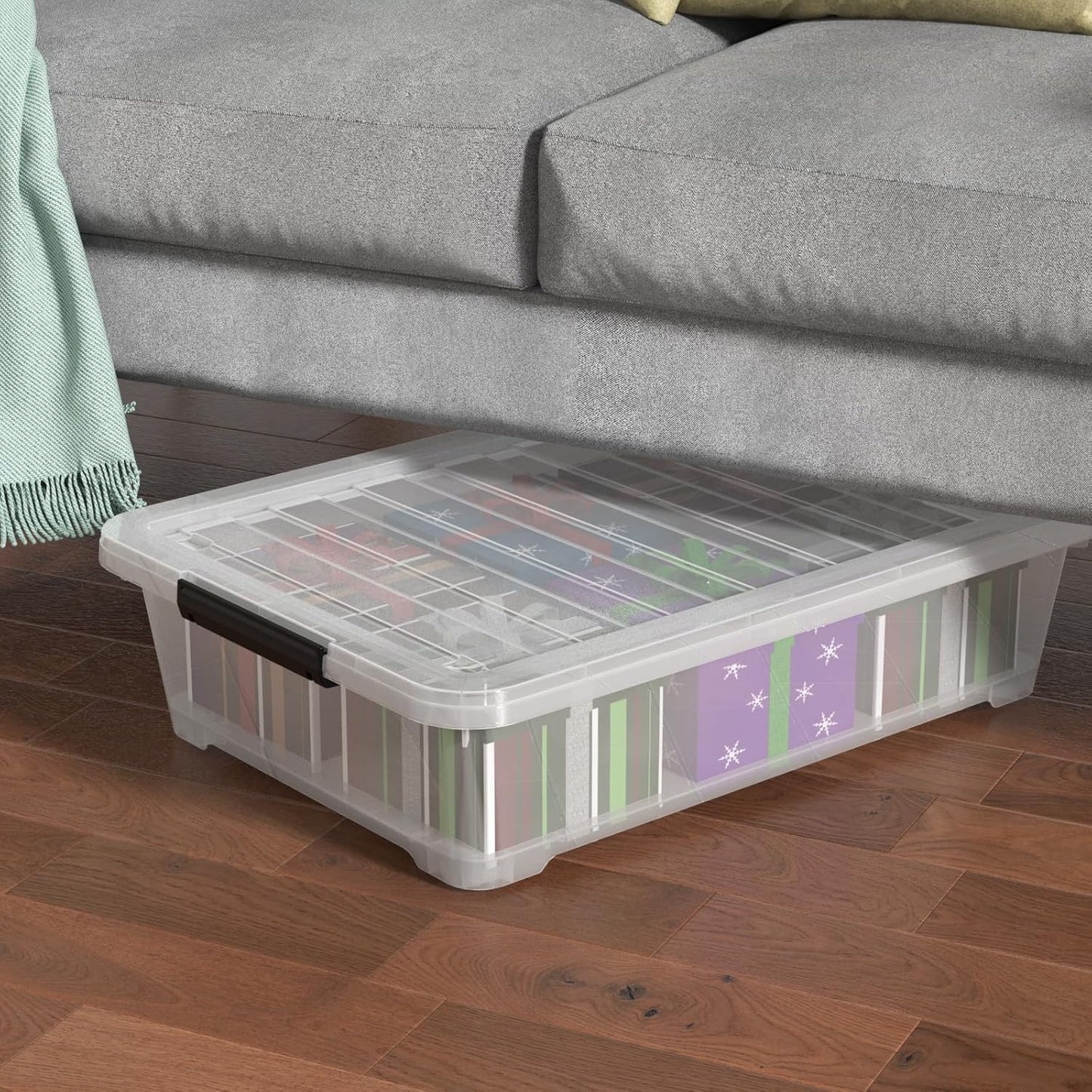 Set of 3 42 L Clear Plastic Under The Bed Storage Bins, Underbed Box with Latching Lid and Wheels, Flat Container for Dormitory, Apartment, Attic