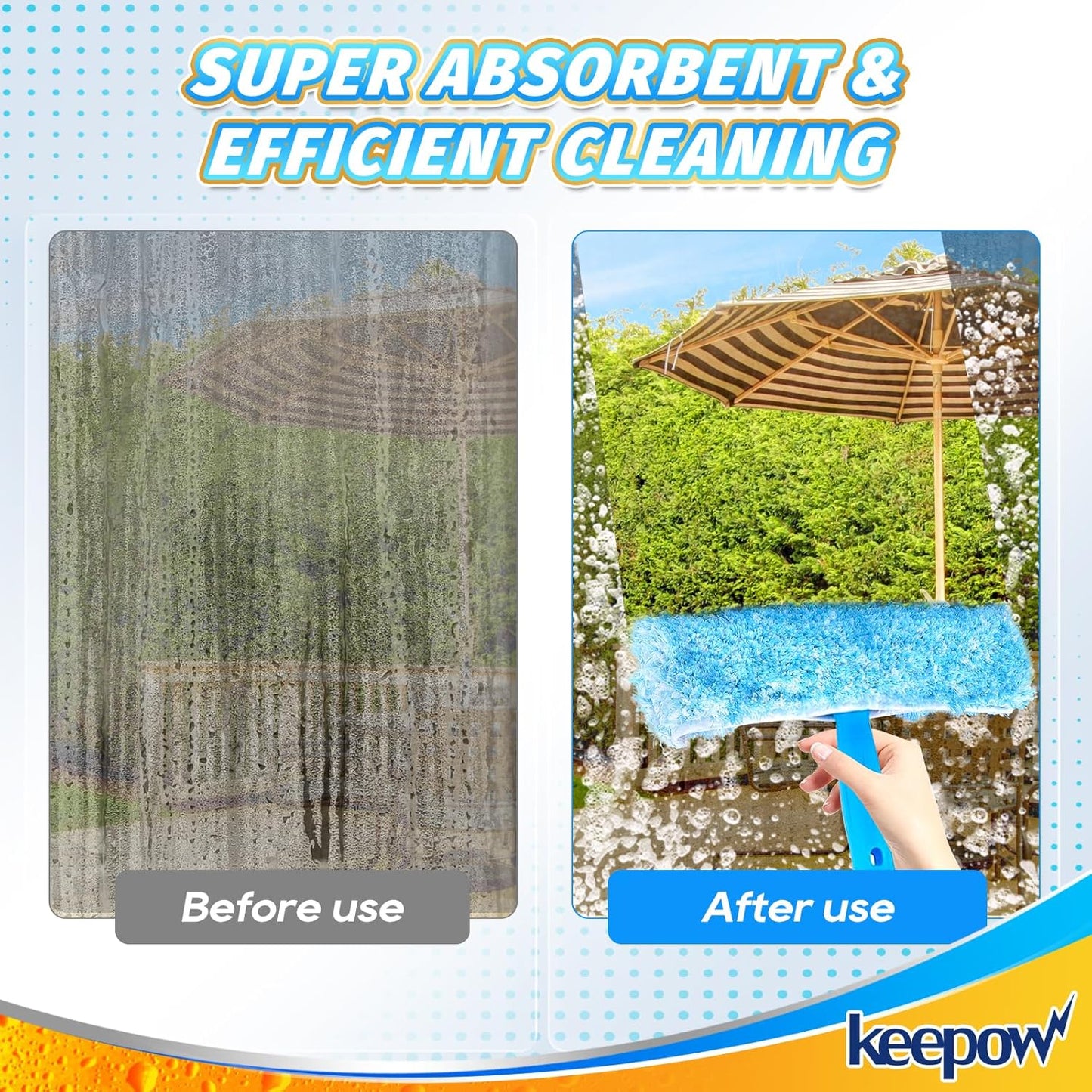 KEEPOW 10" Professional Microfiber Window Scrubber Refill Replacement Compatible with MR.SIGA, Compatible with Ettore Window Cleaning Tools, Reusable & Washable Window Squeegee for Home (2 Pack)