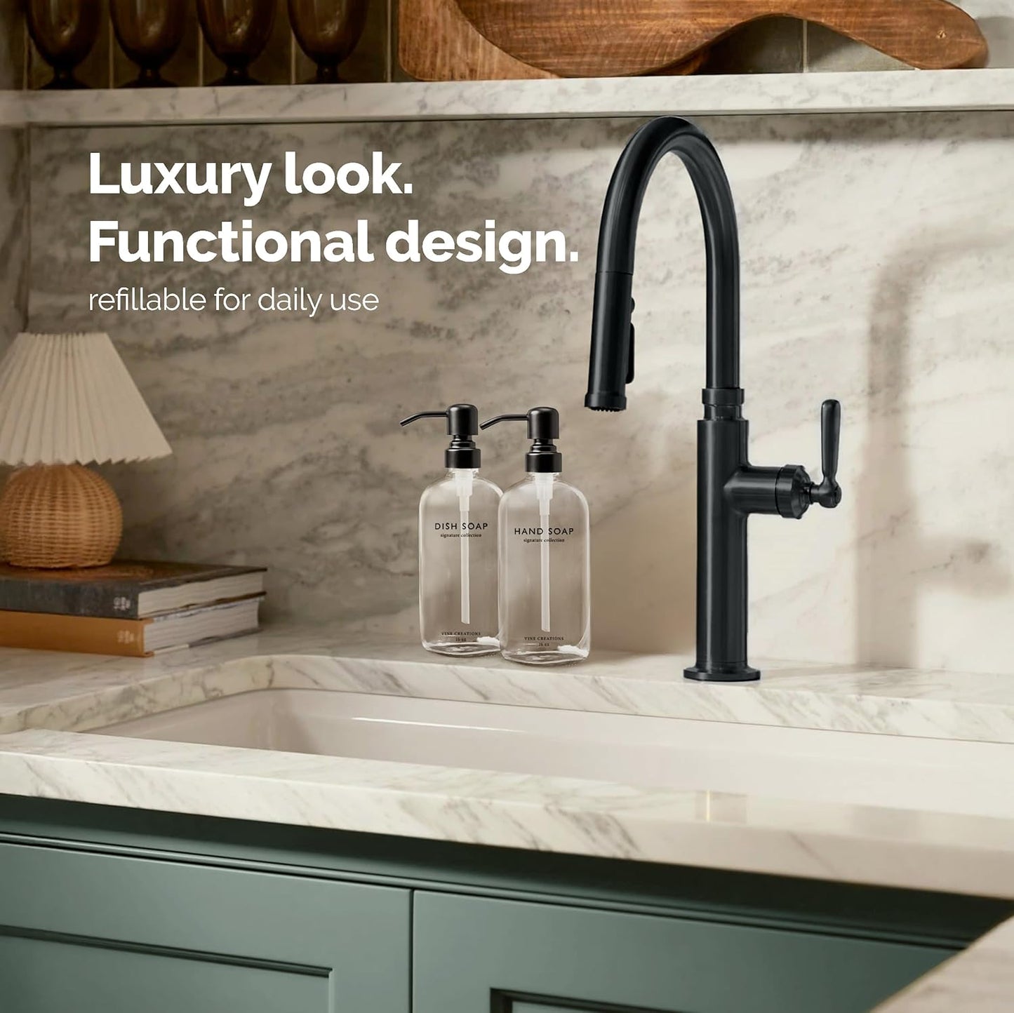 Vine Creations Clear Glass Soap Dispenser Set, Dish Soap and Hand Soap Dispenser Set with Stainless Steel Pump, 16 oz Glass Dispensers for Kitchen Bathroom Decor (Clear Bottle/Matte Black Pump)