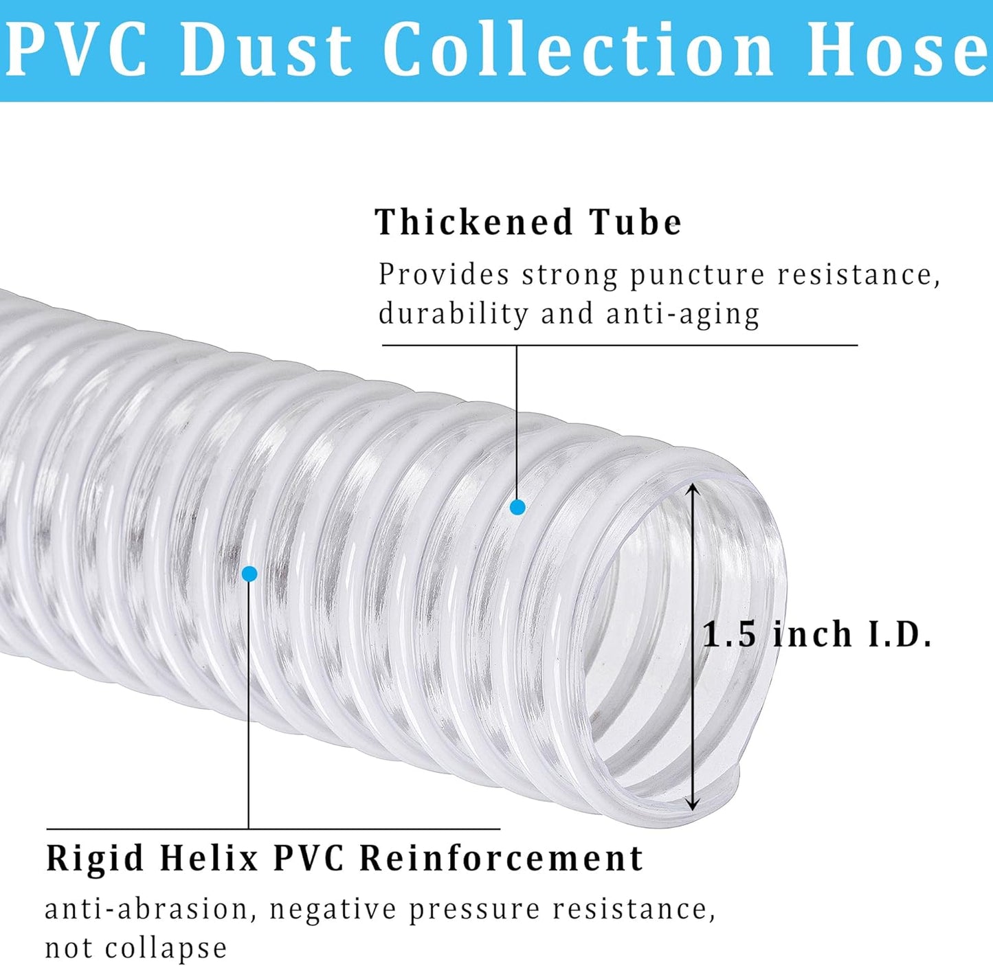 Dust Collection Hose 1-1/2 in × 10 ft Heavy Duty Clear Flexible PVC Reinforced Thicken Helix Suction Discharge Corrugated Pipe Hose for Fume Dust Collector Fitting Wood Chip Saw (1.5 inch 38mm hose)