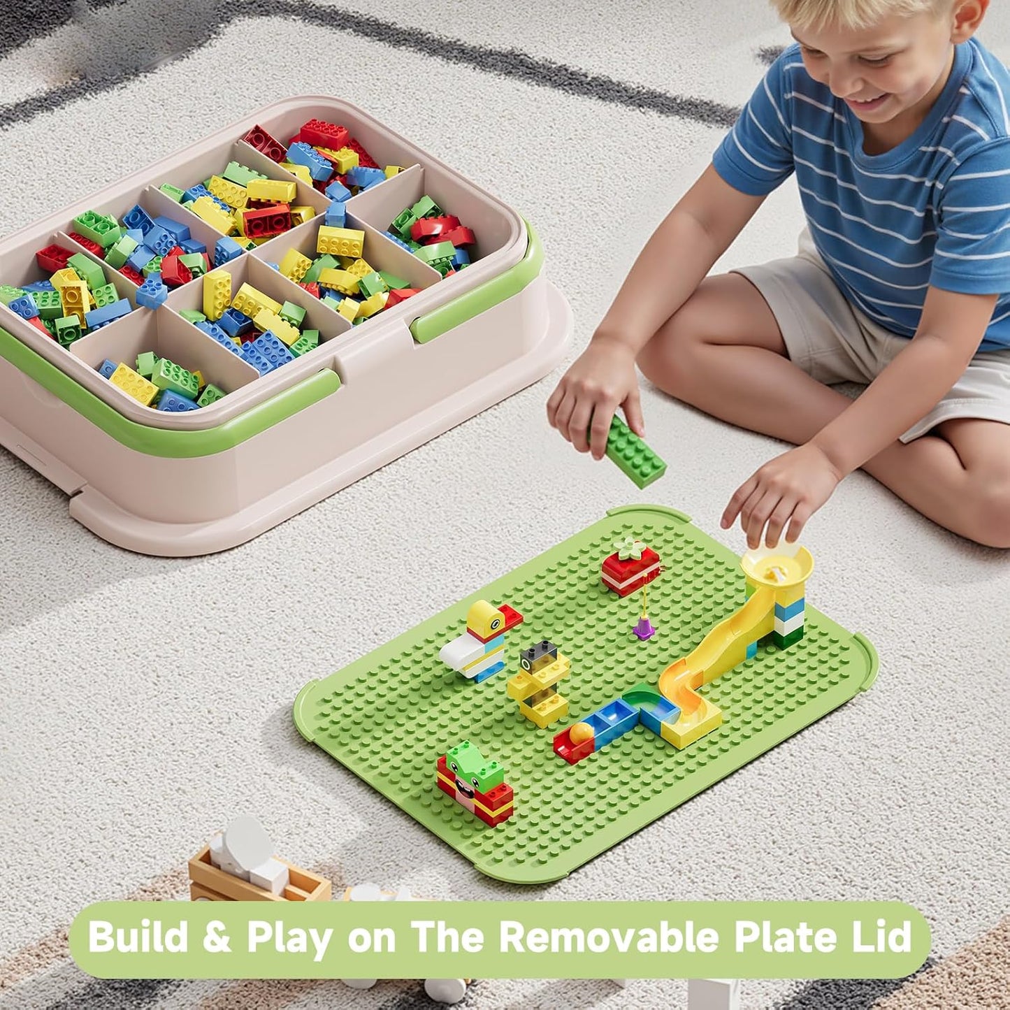 Toy Storage Organizer Box with Handle, Stackable Building Block Toy Box with Building Plate Lid & Removable Sorting Trays, Cubby Bins and Containers 1 Layer (Green)