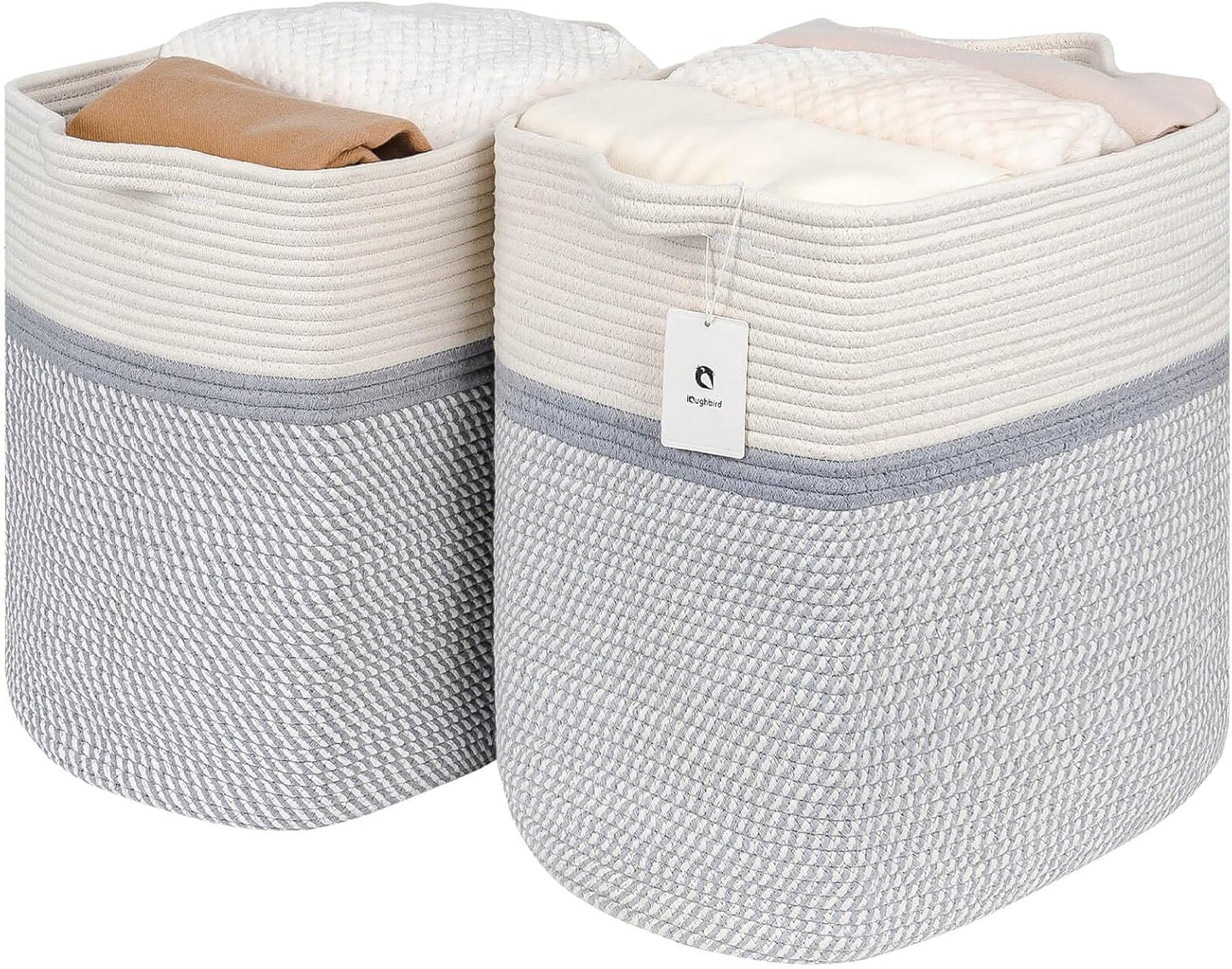 Storage Baskets for Clothes Fabric Cotton Rope Storage Basket with Handles, Decorative Woven Basket for Living Room,Closet Organizer Blankets, and 2bags (White/Gray, L17.8×W12.5×H17.9)