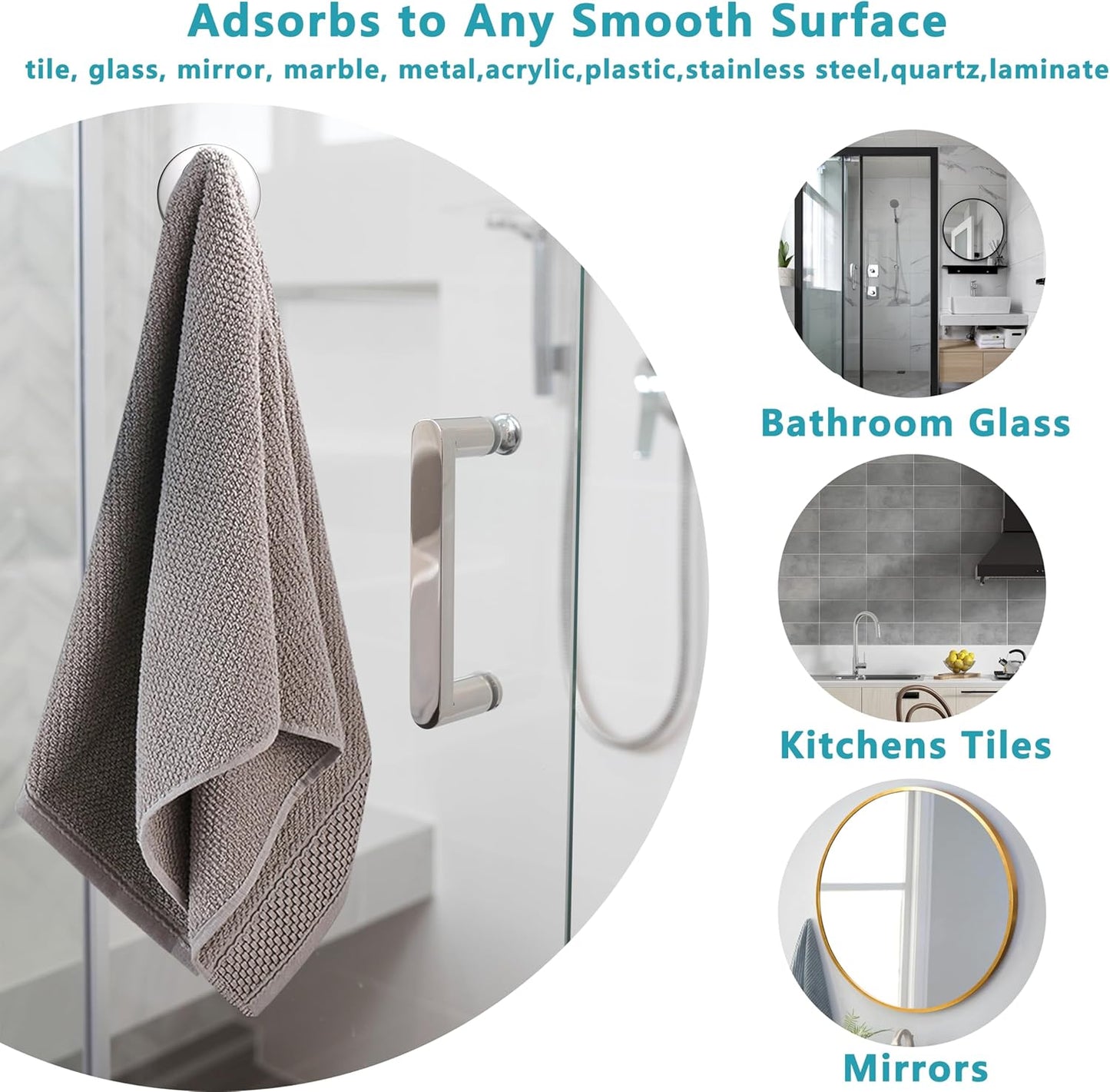 Suction Cup Hooks for Shower,Removable No Drill Towel Hooks,Upgraded 15 lbs Strong Suction hooks for Bathroom Tile,Shower Wall,Glass Door,Kitchen-Loofah,Coat,Stainless Waterproof-Chrome 4 Pcs