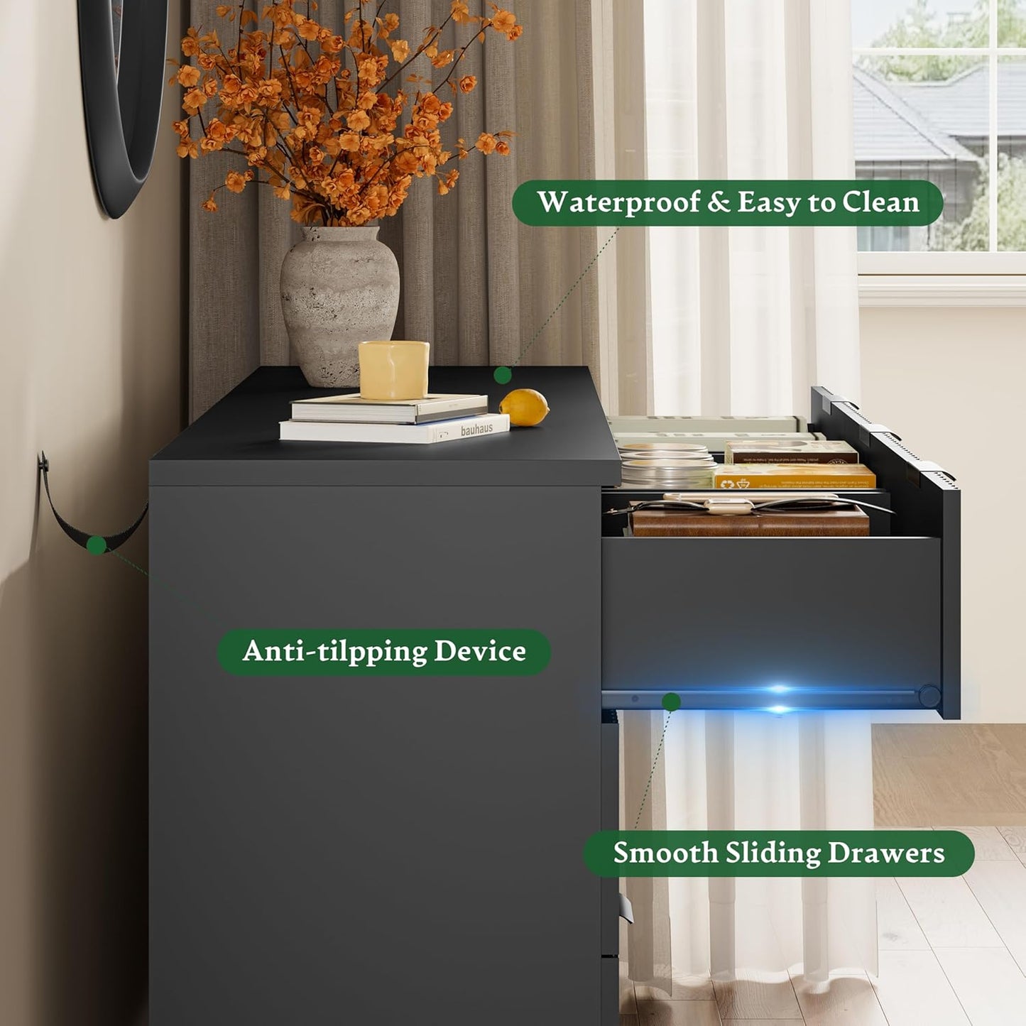 Fluted Dresser with 9 Drawers, 63" Wide Modern Chest of Drawers with Metal Handle, Wooden Dresser TV Stand, Wood Closet Clothes Storage Organizer for Bedroom, Living Room, Hallway, Solid Black