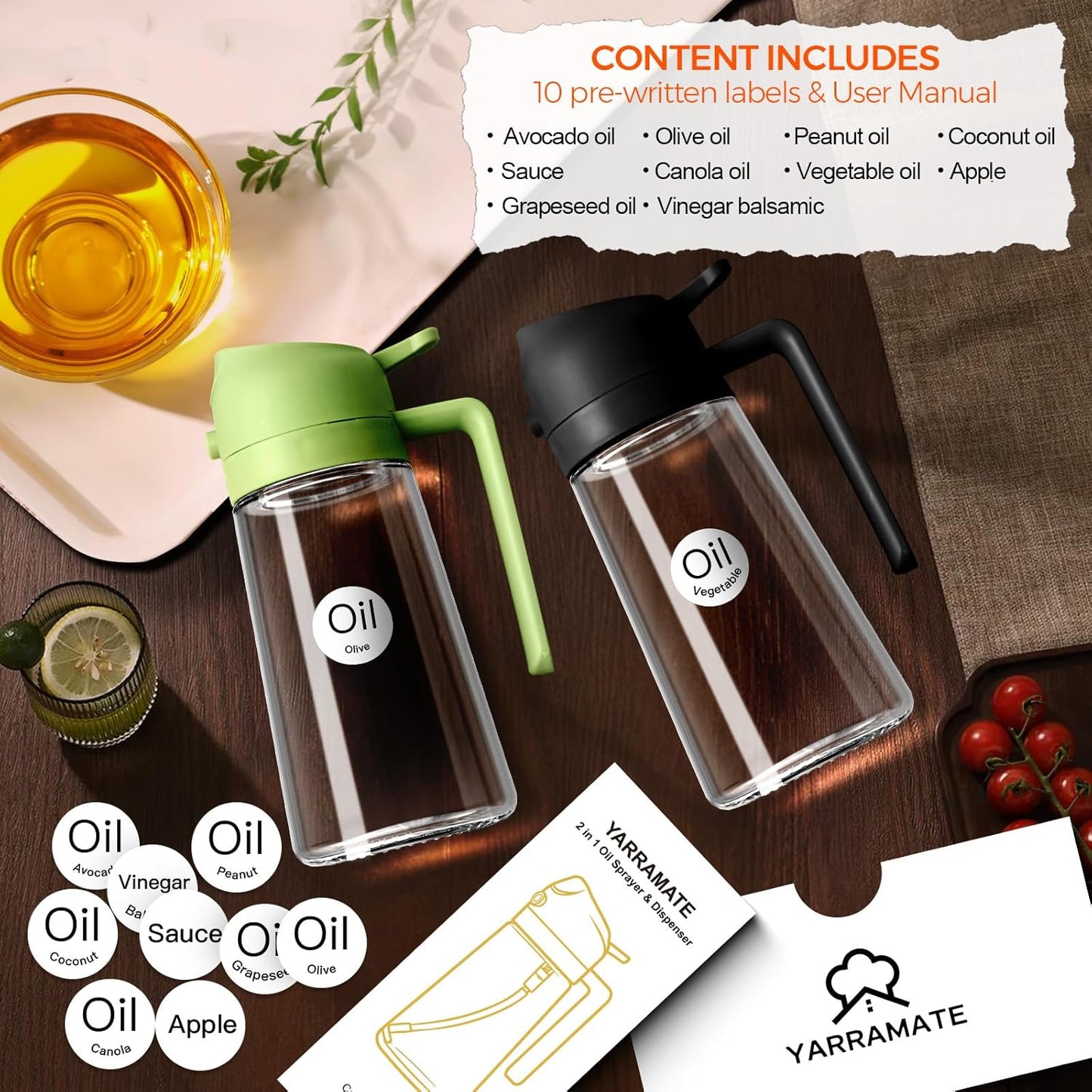 YARRAMATE 2Pcs 16oz/470ml Olive Oil Dispenser, Food-grade 2 in 1 Oil Glass Sprayer for Cooking, Kitchen, Air Fryer, Salad, Frying, BBQ (Black)